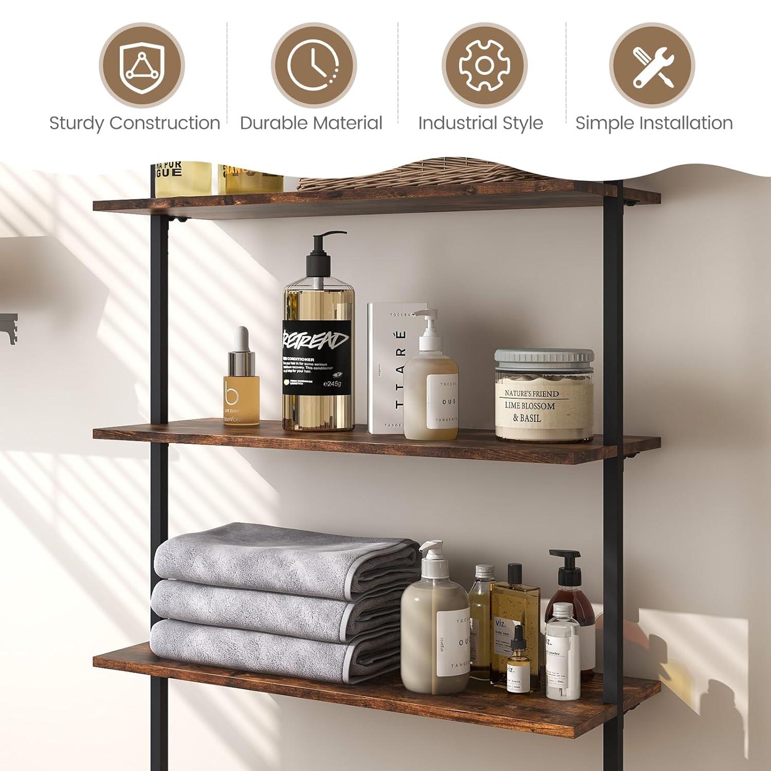 Costway 4-Tier Ladder Storage Shelves, Rustic Brown