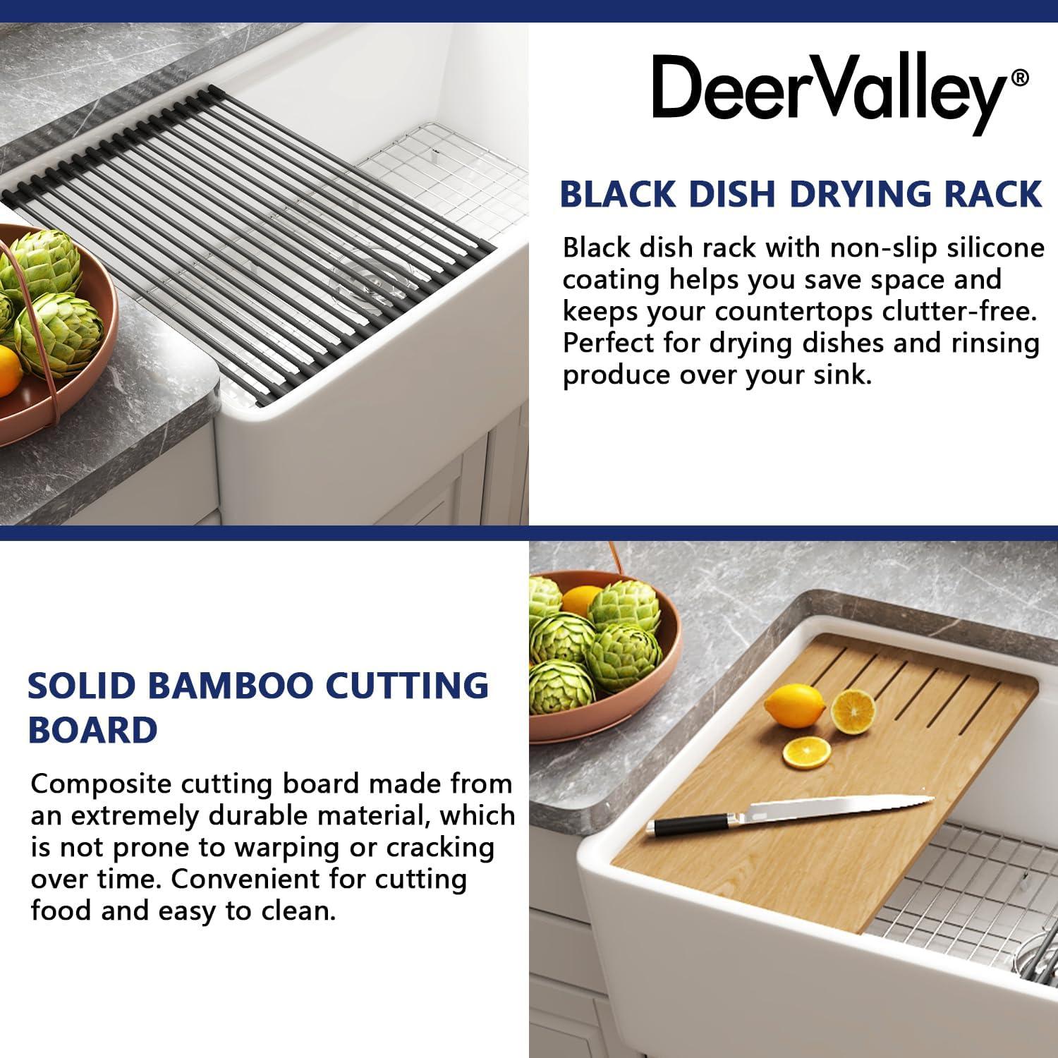 DeerValley 33" L X 20" W Single Basin Workstation Farmhouse Kitchen Sink With Sink Grid, Cutting Board And Dish-Drying Rack