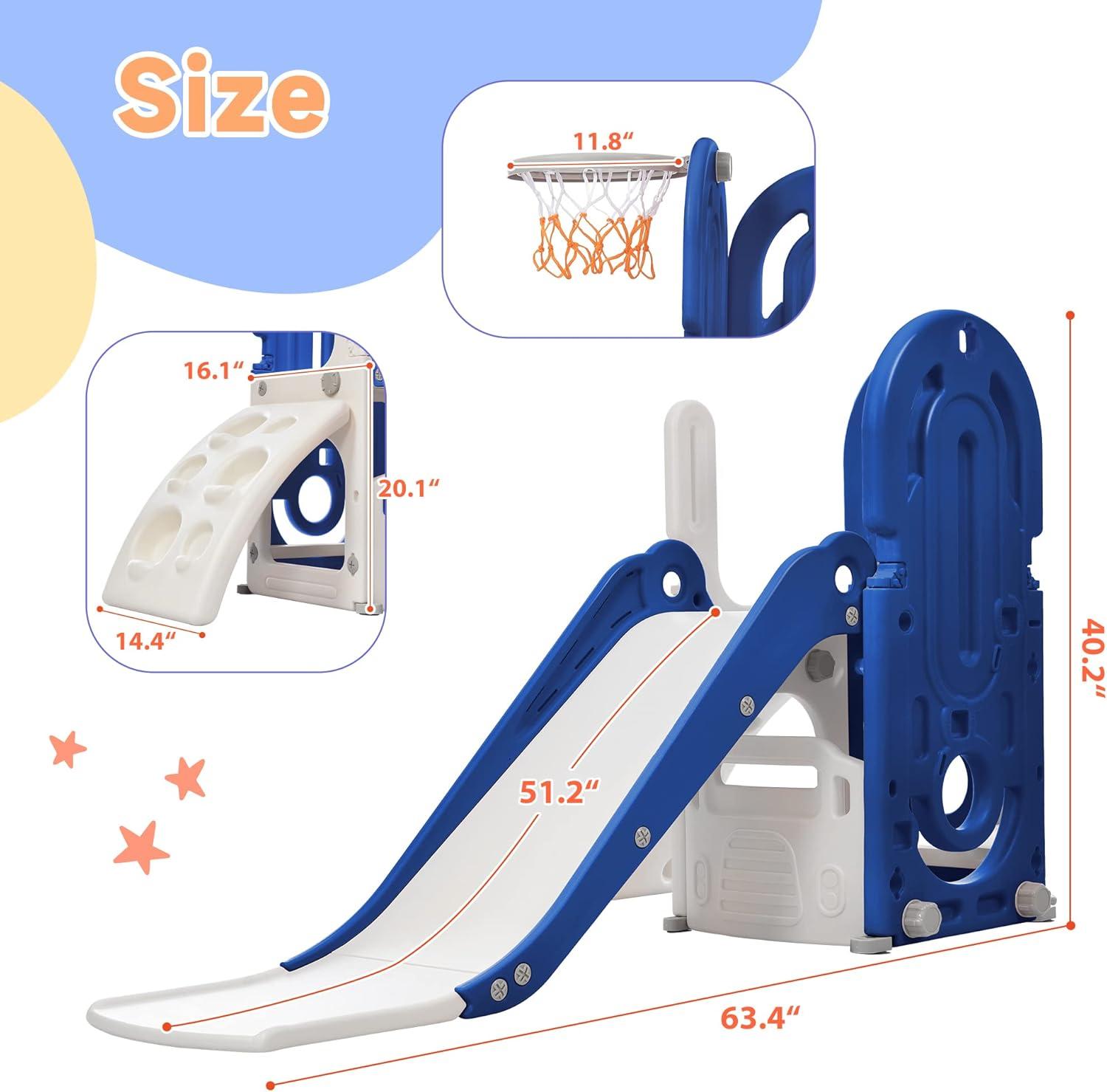 Blue and White 4-in-1 Toddler Climber Slide Set with Basketball Hoop