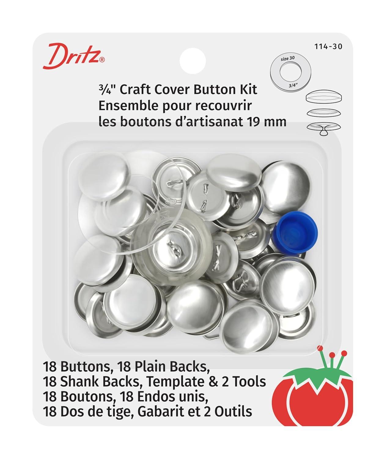 Dritz 3/4" Set of 18 Craft Cover Button Kit with Tools Nickel: Metal Sewing Fasteners, Silver Button Covers