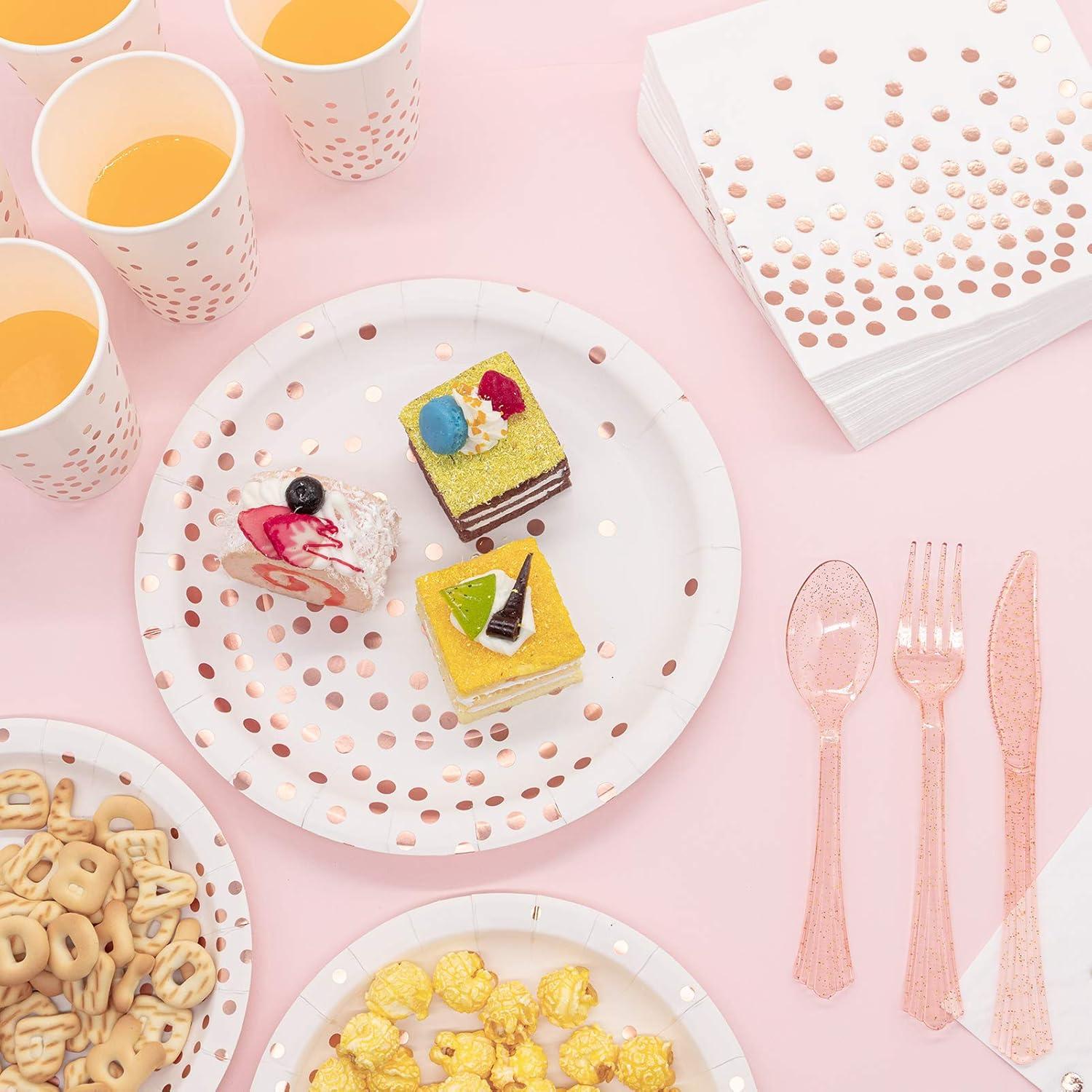 White & Rose Gold Party Supplies, 350PCS Disposable Dinnerware Set with Plates Napkins Cups Forks Knives Spoons for Girl Women Birthday Baby Bridal Shower Graduation Wedding Party Decoration