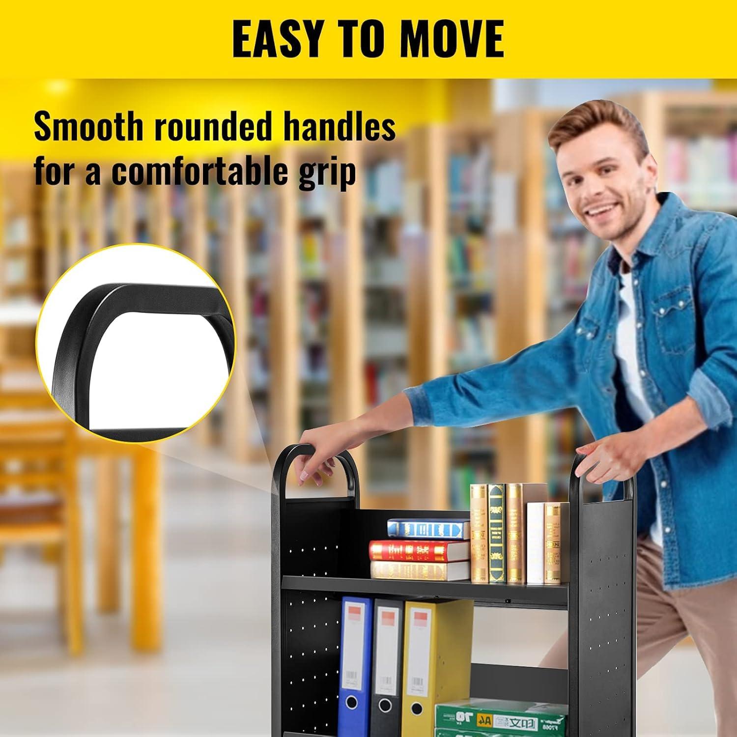 VEVOR Book Cart, 200lbs Library Cart, 30x14x49 Inch Rolling Book Cart Single Sided V-Shaped Sloped Shelves with 4 Inch Lockable Wheels, for Home Shelves Office and School Book Truck in Black