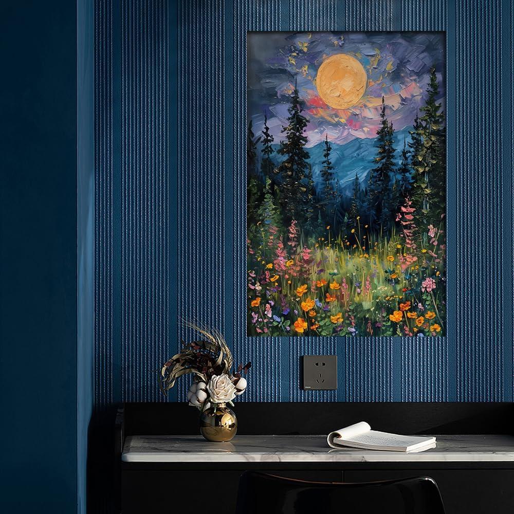 SFAOHPR Mystical Moon and Wildflowers Canvas Wall art Nature Flowers Oil Painting posters for room aesthetic Room Aesthetics Posters for Bedroom living room Home Decor ﻿12x16inch Unframed