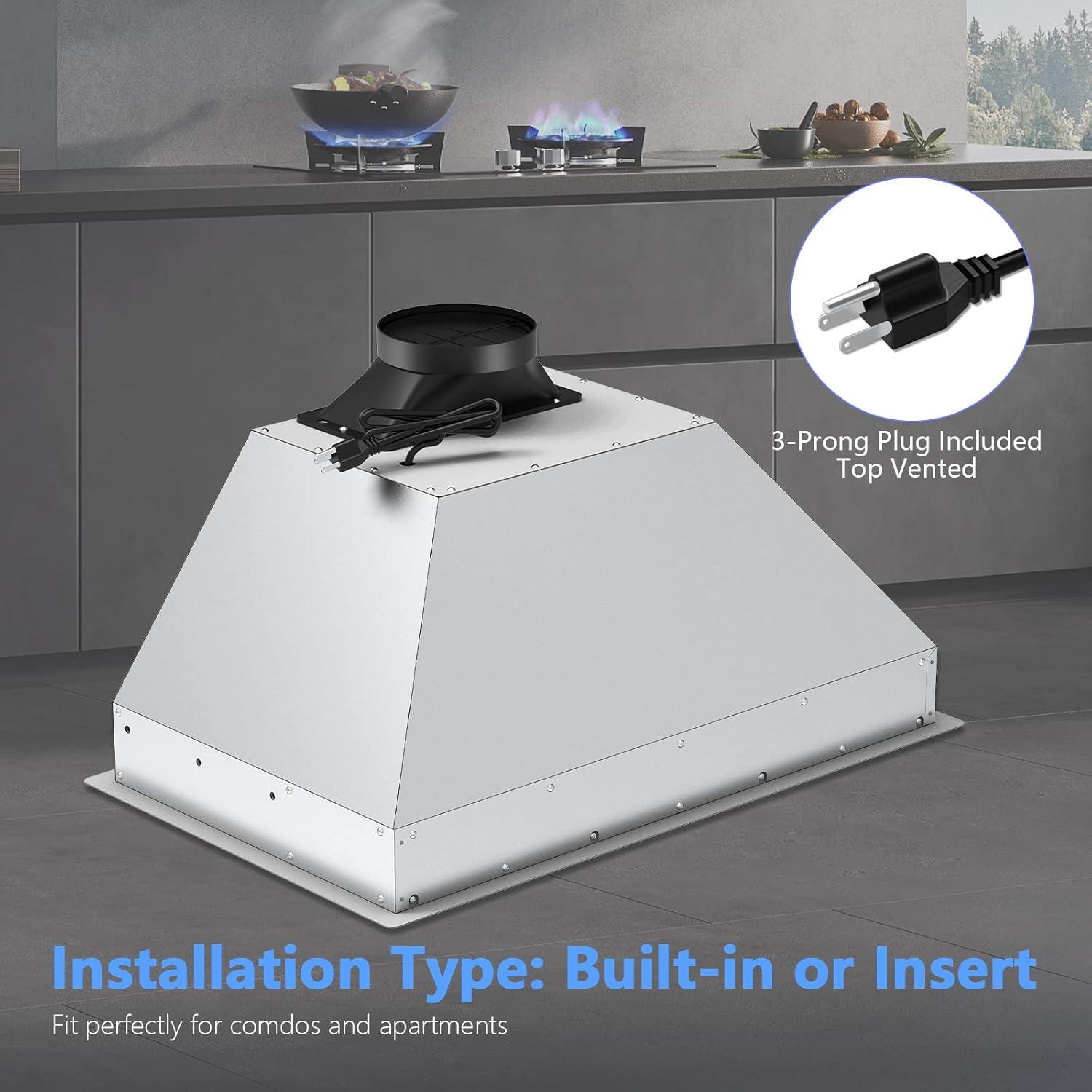 30" Convertible Insert Range Hood 900 CFM 4 Speeds Gesture Control with Charcoal Filter LED Light in Stainless Steel Silver