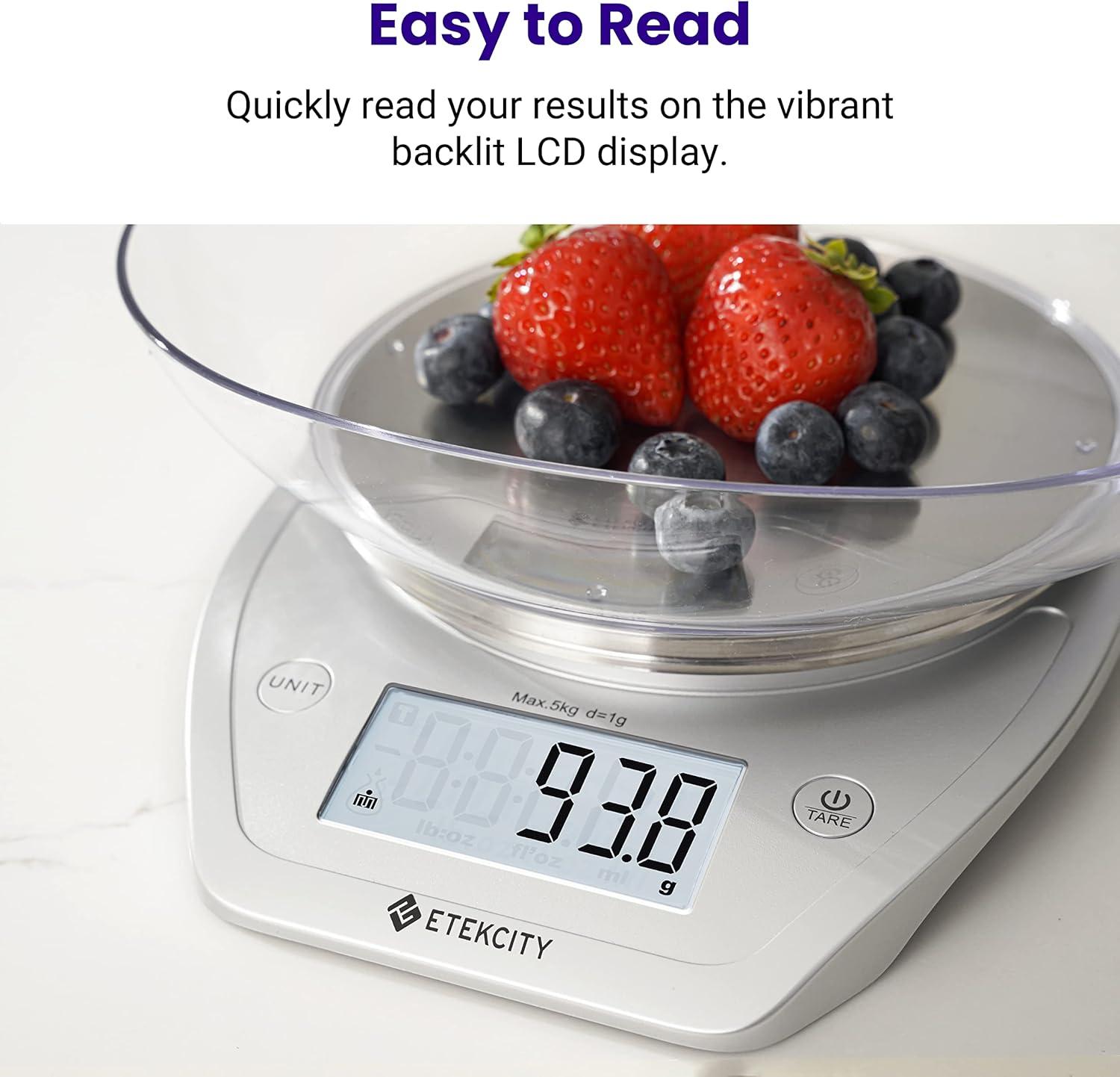 Etekcity 0.1g Food Scale with Bowl Digital Kitchen Weight Grams and Ounces for Cooking and Baking, Large Backlit Display, Silver/Stainless Steel