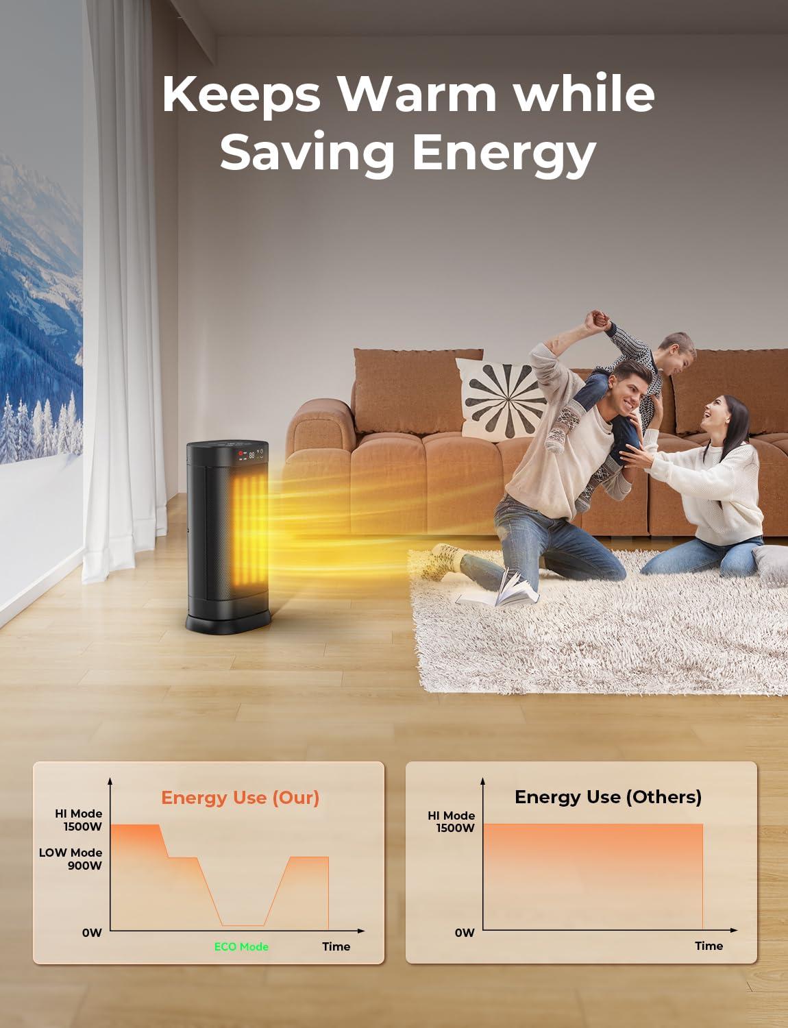 1500W Space Heaters for Indoor Use, PTC Ceramic Electric Heater Fast Heating with Remote, ECO, 59-95°F Digital Thermostat, Child Lock, 24H Timer, Oscillating Portable Electric Heater for Large Room