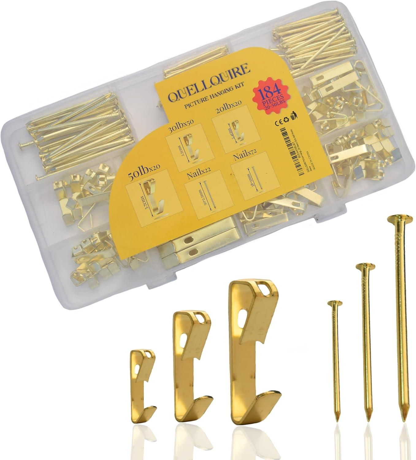 Picture Hanging Kit 184Pcs – Picture Hangers & Wall Hooks for Hanging – 20lb, 30lb, 50lb Wall Hangers with Metal Hooks and Nails for Drywall, Wood Walls & More(Gold)