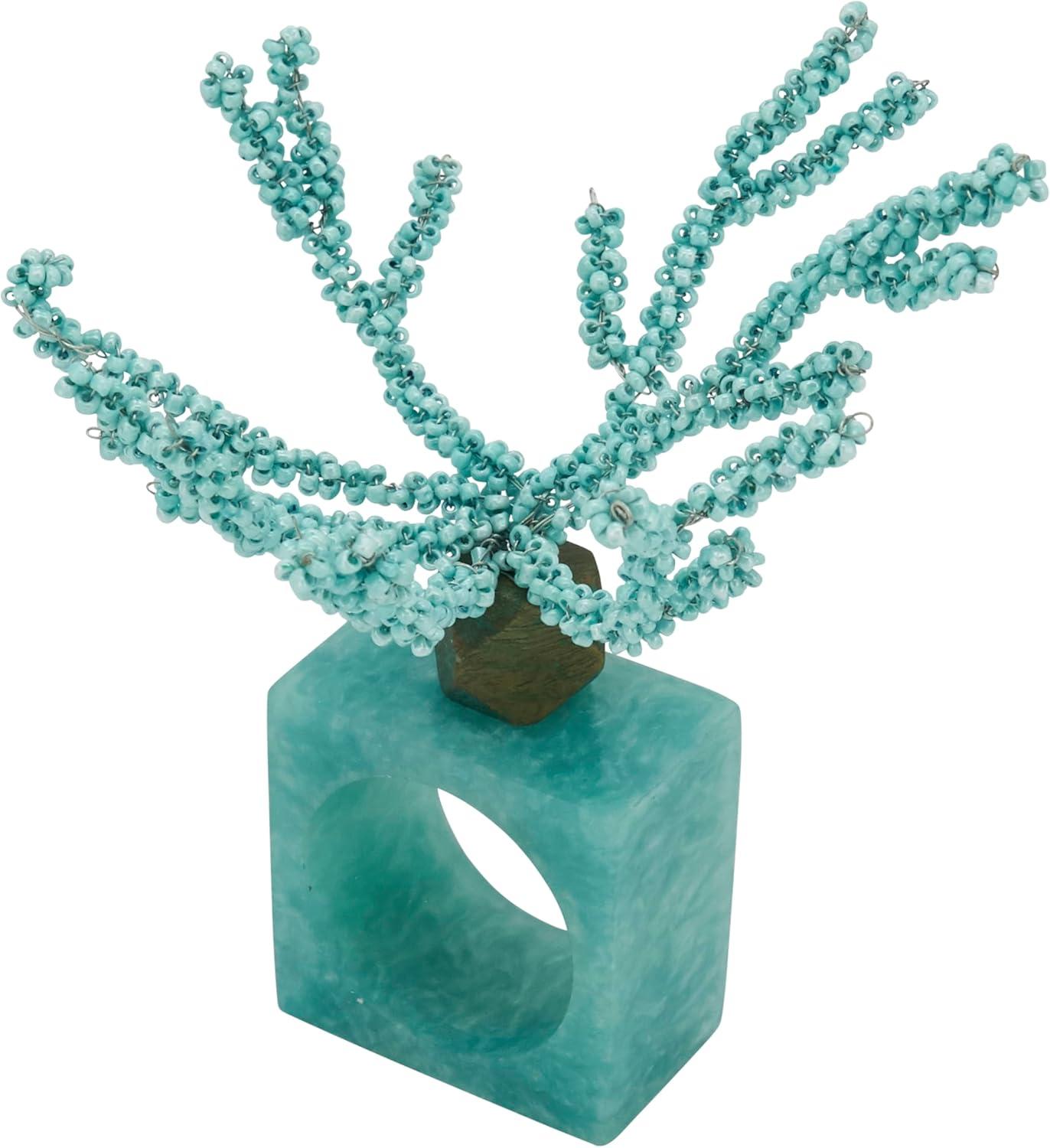 Aqua Beaded Coral Design Iron Napkin Rings, Set of 4