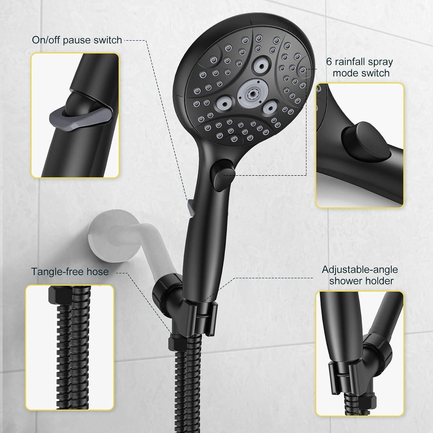 Matte Black 7-Setting Handheld Shower Head with Stainless Steel Hose