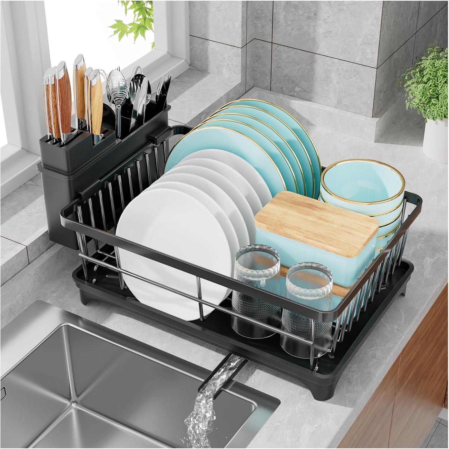 iSPECLE Dish Drying Rack with Drainboard - Compact Dish Racks for Kitchen Counter or in Sink, Small Dish Drainer with Utensil Holder and Drain Spout, Black