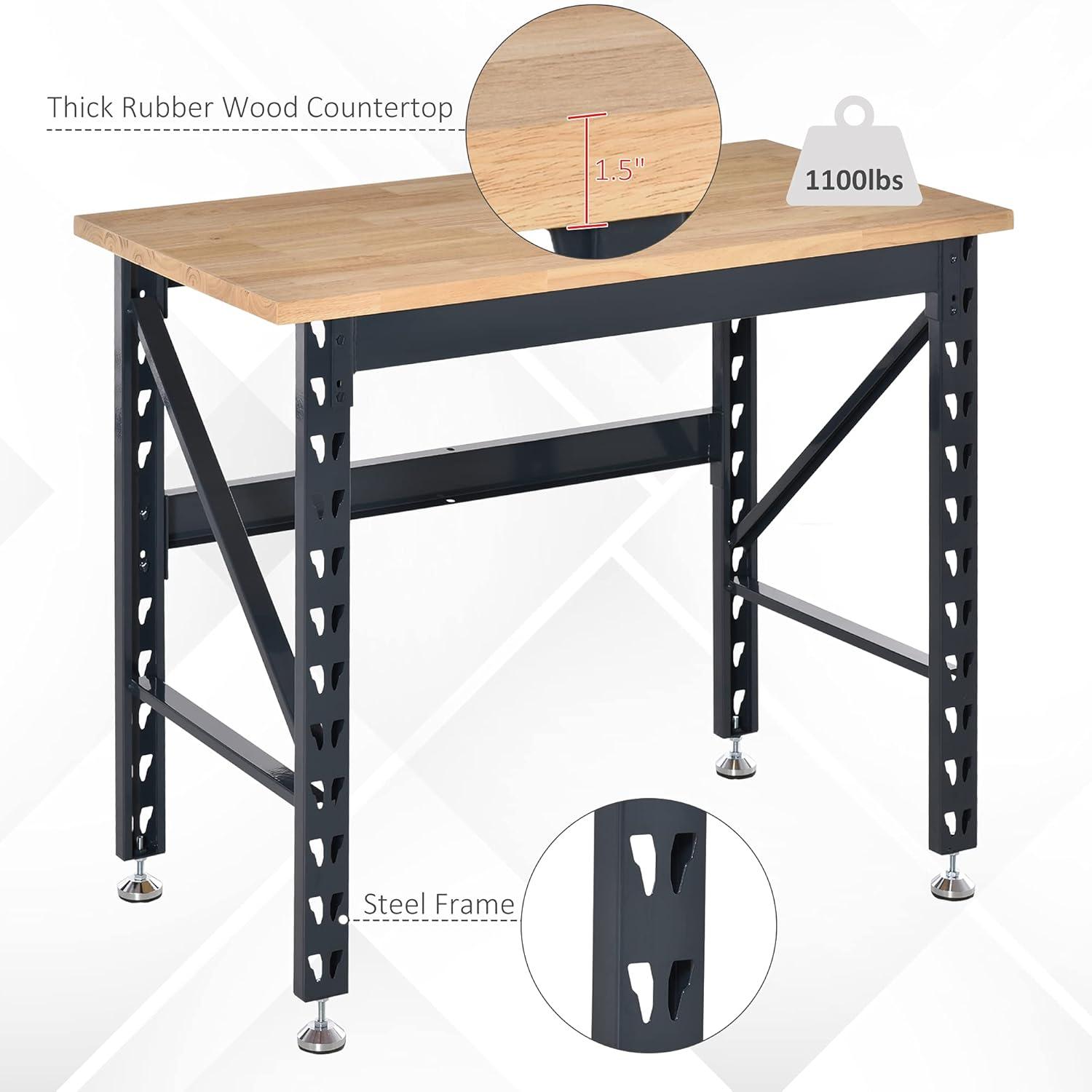 HOMCOM 45" Work Bench with Adjustable Footpads and Large Solid Wood Tabletop Tool Table for Garage, Weight Capacity 1100 lbs