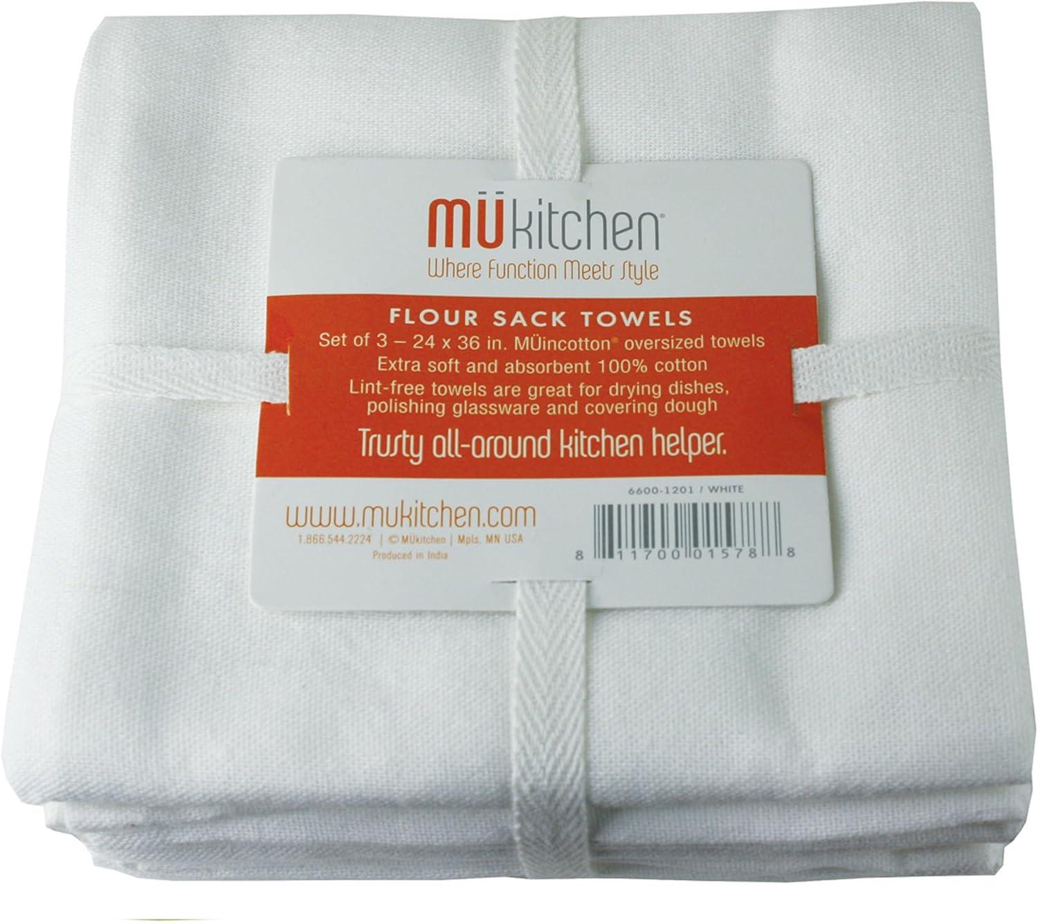 3pk Cotton Kitchen Towels White - MU Kitchen: Machine Washable, Plain Weave Dish Towels, Set of 3
