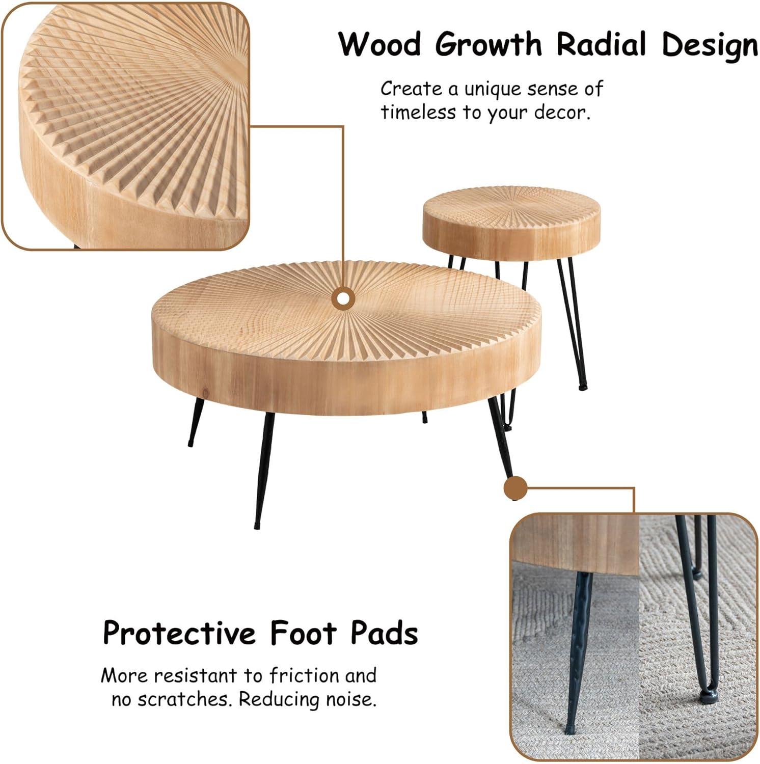 COZAYH 2-Piece Modern Farmhouse Living Room Coffee Table Set, Nesting Table Round Natural Finish with Handcrafted Wood, Radial Pattern