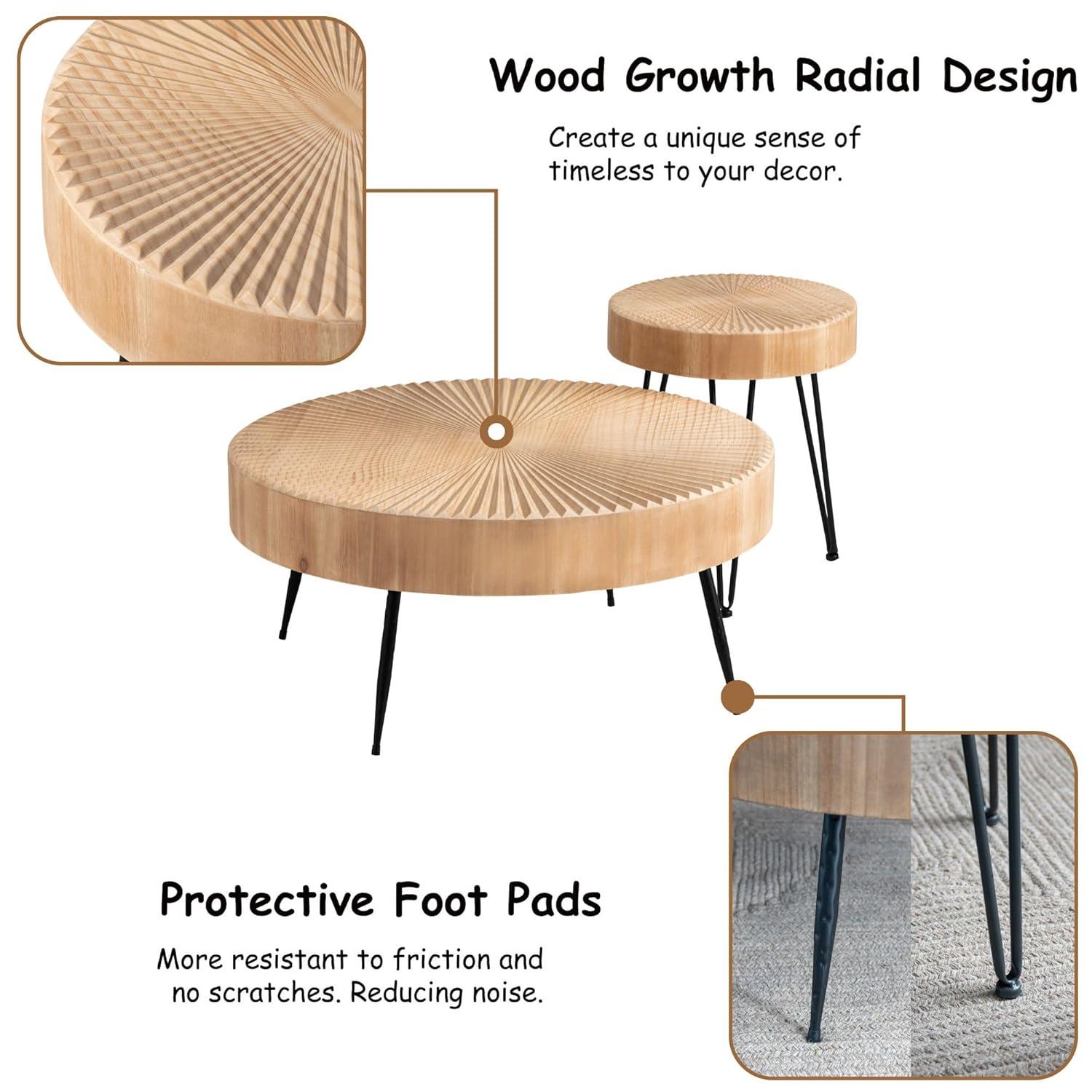 COZAYH 2-Piece Modern Farmhouse Living Room Coffee Table Set, Nesting Table Round Natural Finish with Handcrafted Wood, Radial Pattern