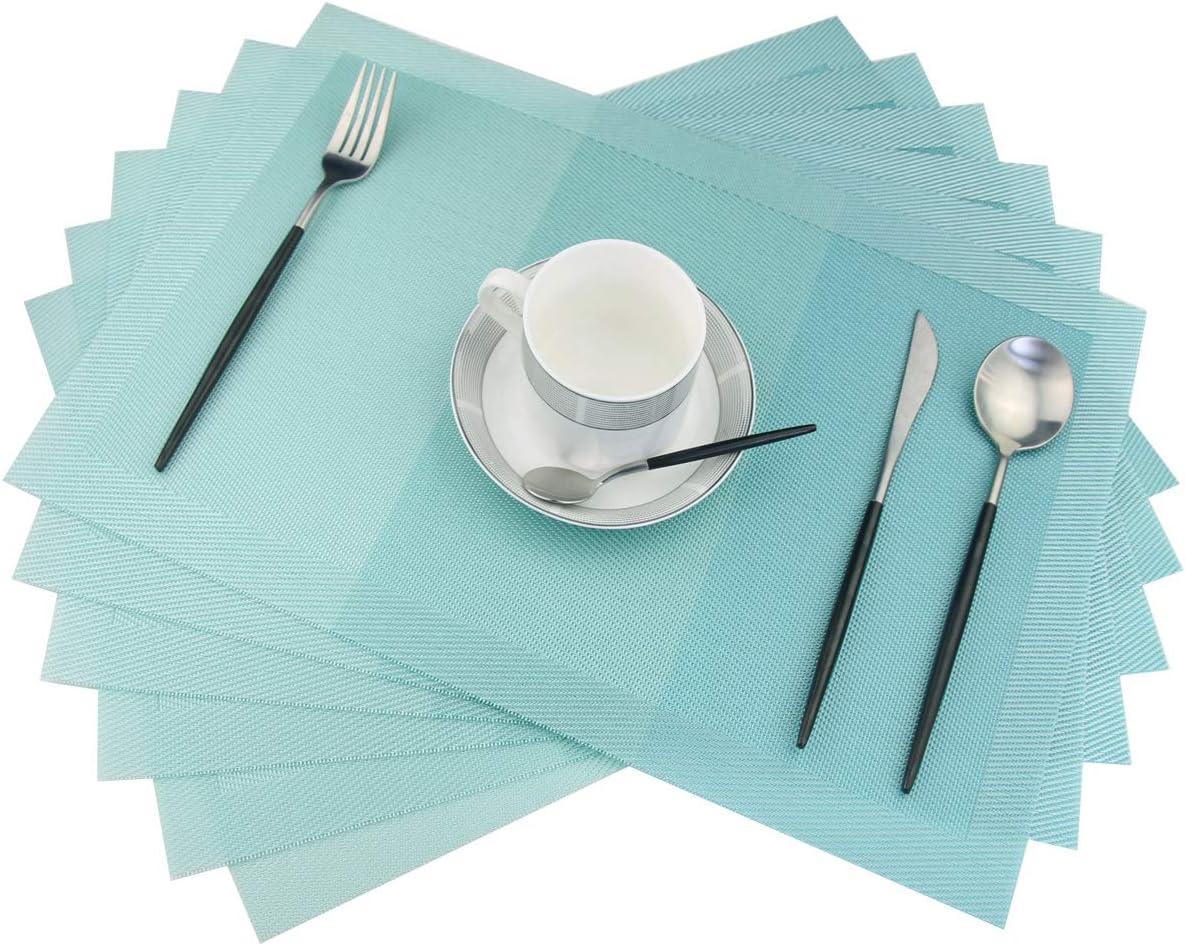 pigchcy Placemats, Heat Insulation Non Slip Plastic Placemats, Washable Easy to Clean Woven Vinyl Kitchen Stain Resistant Placemats for Dining Table Set of 6 (Sky Blue)