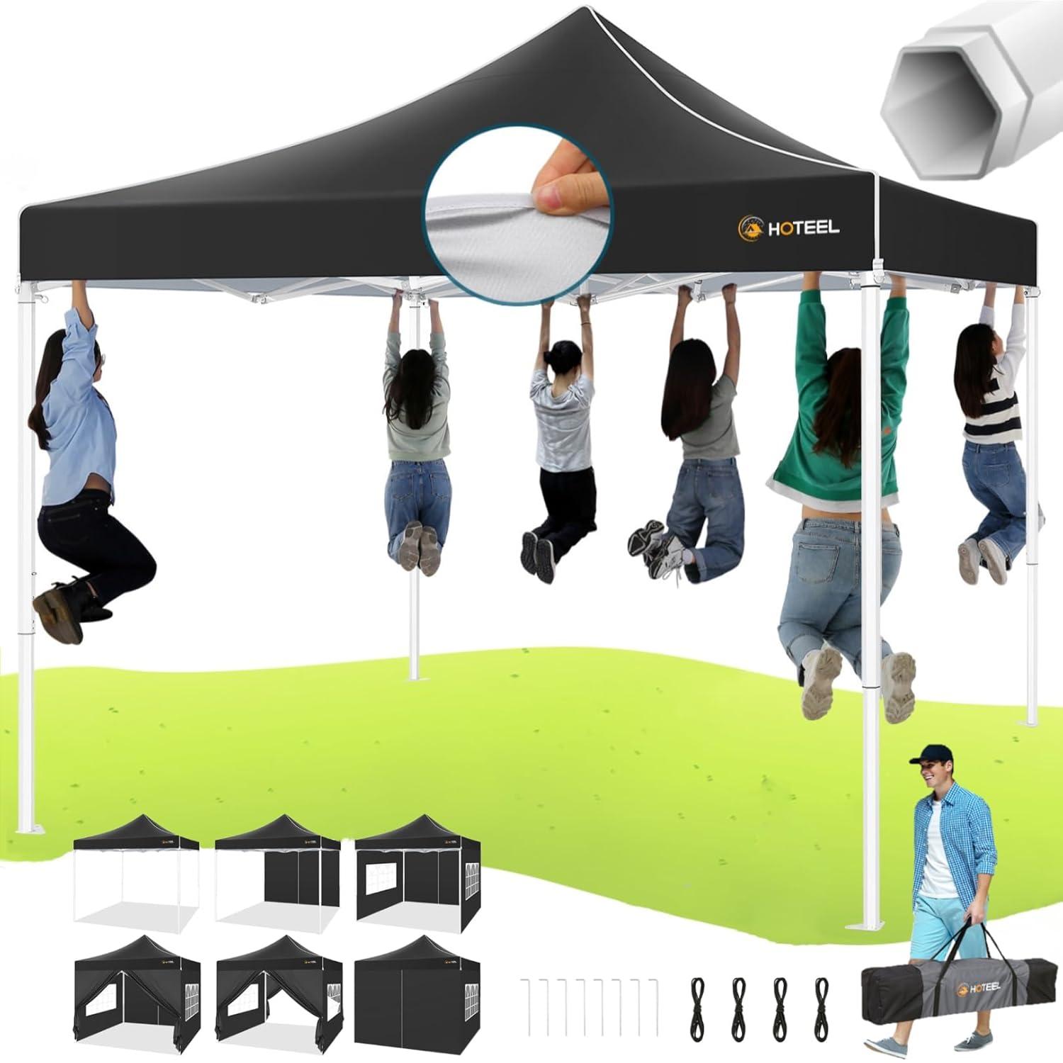COBIZI 10x10 Heavy Duty Pop Up Canopy Tent with 4 Sidewalls, Commercial Instant Waterproof Shelter, UV 50+ with Silver Coated, Upgraded Thickened Hexagonal Legs,Black