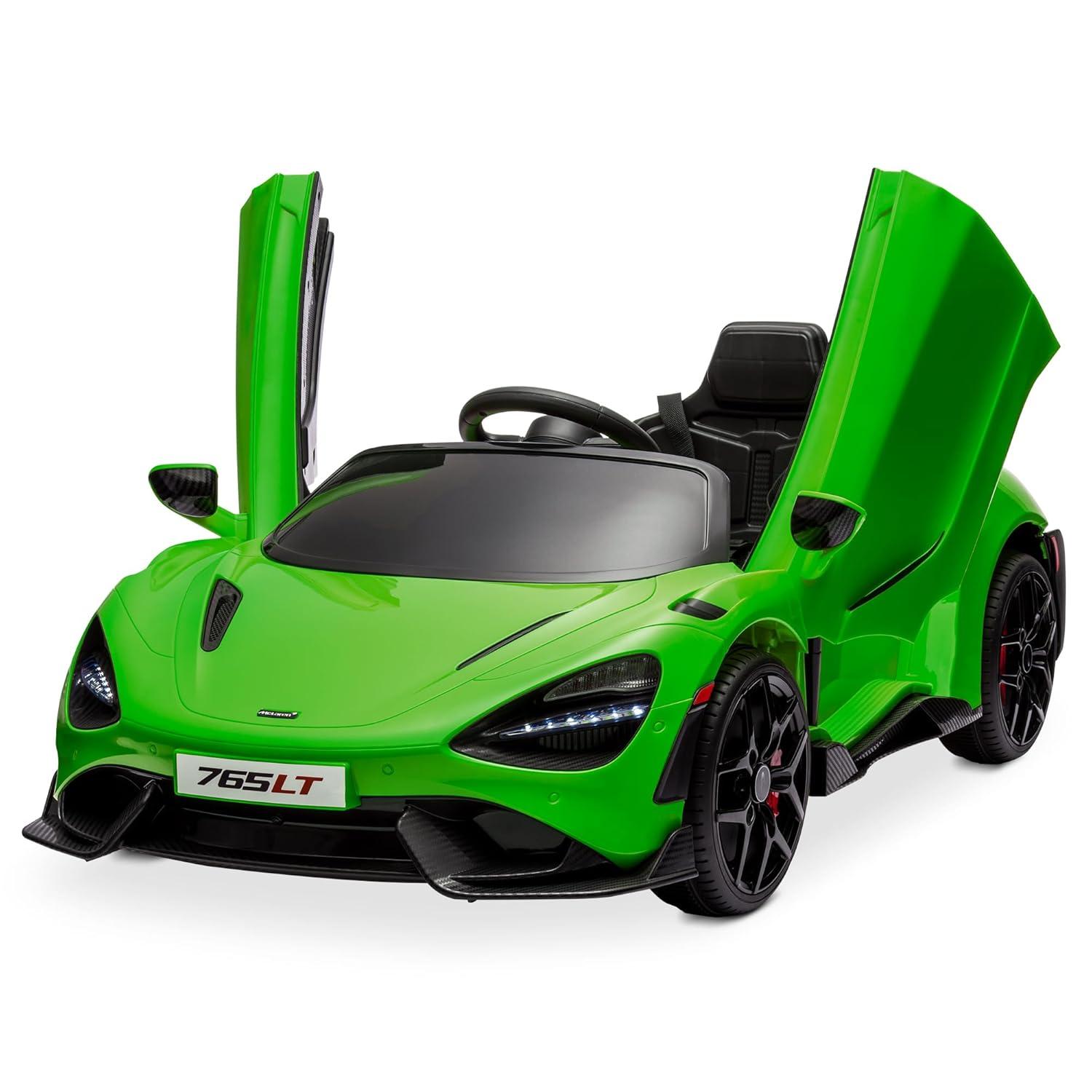 Kidzone 12V Licensed McLaren 765LT Kids Ride On Sports Car Electric Vehicle Vehicles with 2 Speeds, Parent Control, Smooth Start, Suspension, Hydraulic Doors & Hidden Training Wheels - Green