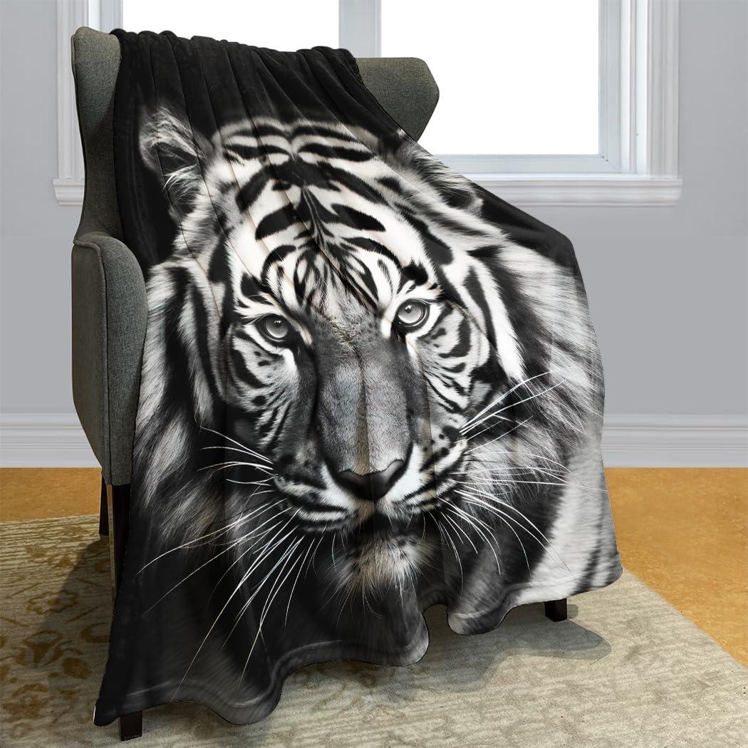 White Tiger Stare Raschel Throw Blanket, 50 x 60 inches