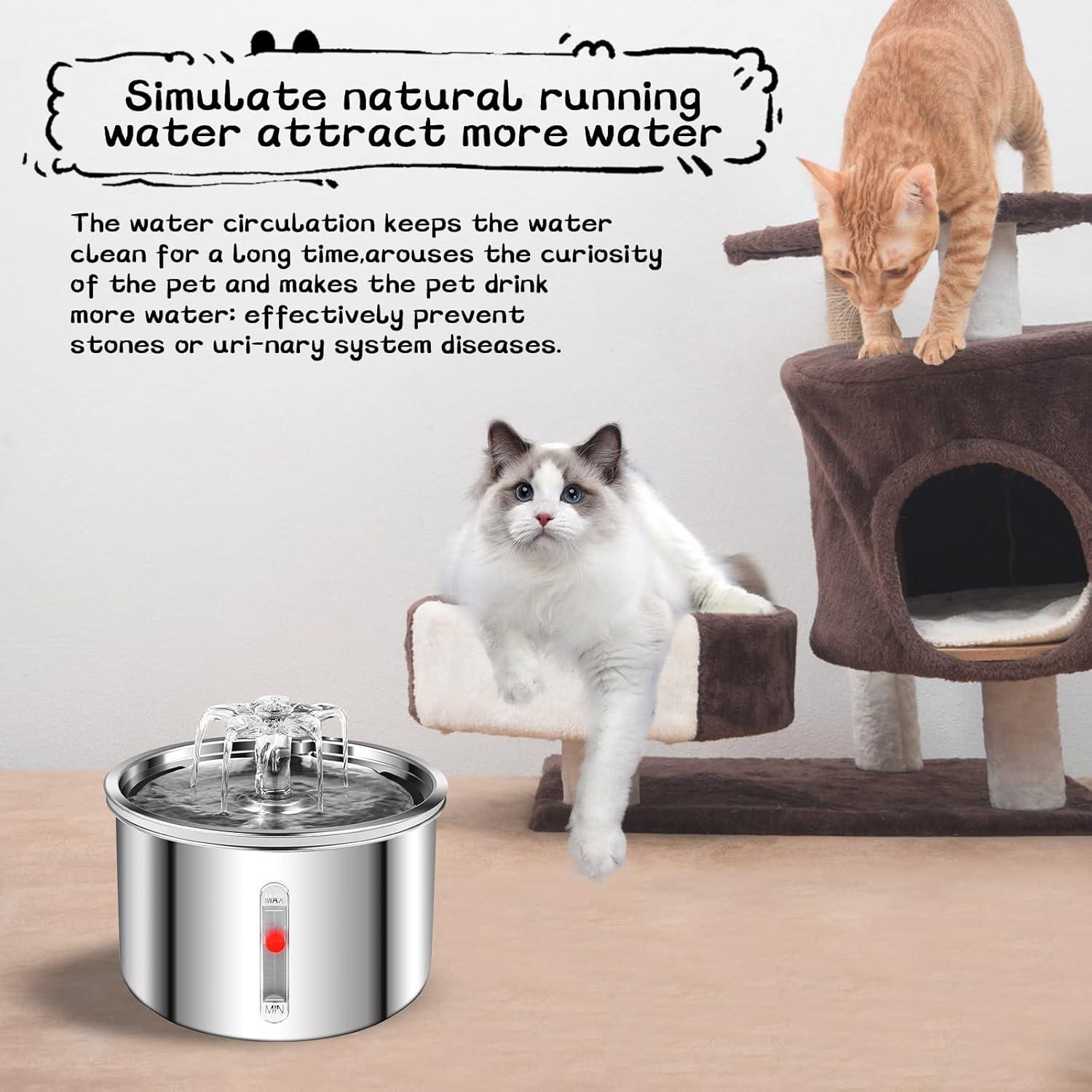 Cat Water Fountain Stainless Steel, 67oz/2L Dog Water Dispenser, Automatic Pet Water Fountain with Ultra Quiet Pump and Water Level Window for Cats,Dogs,Multiple Pets