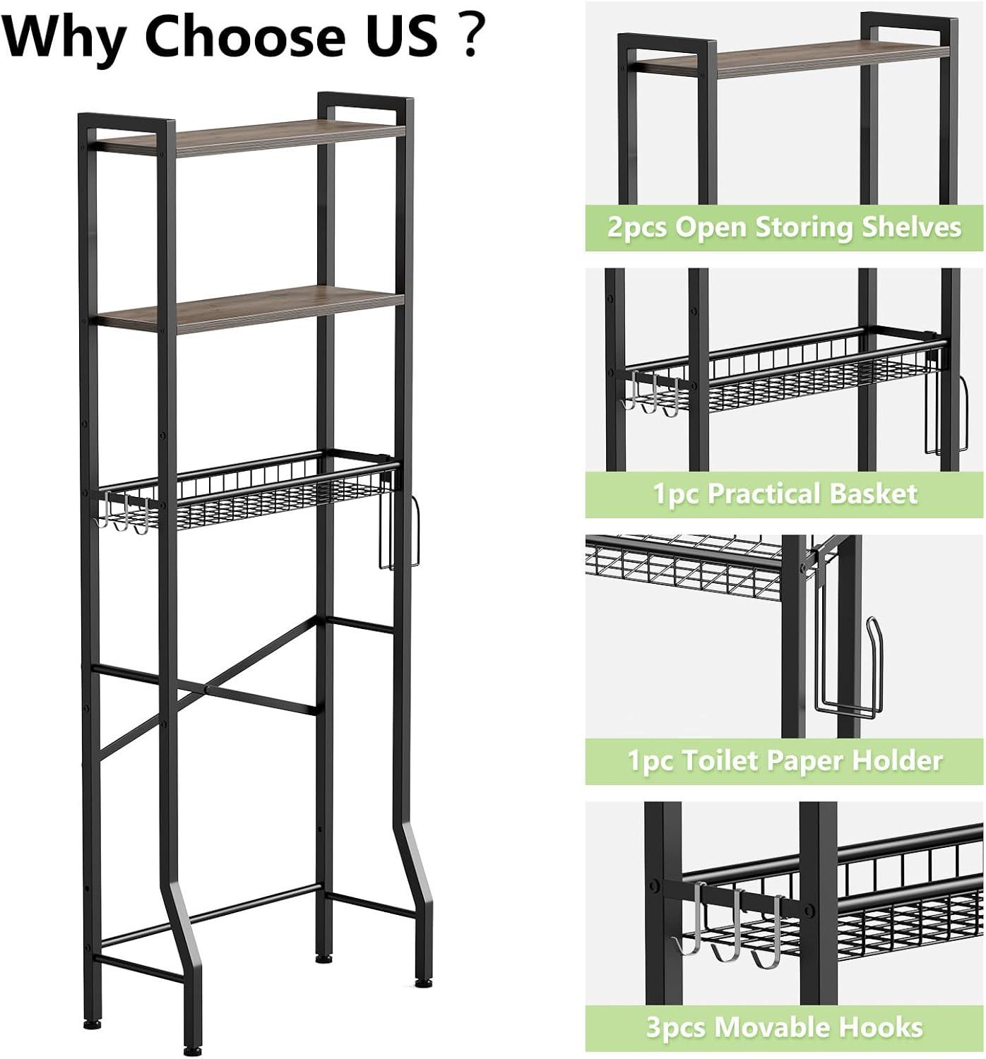 17 Stories Over-The-Toilet Storage Rack, 3-Tier Bathroom Organizer Shelf Over Toilet With Shelf And Basket, Freestanding Space Saver Bathroom Shelves Above Toilet For Room