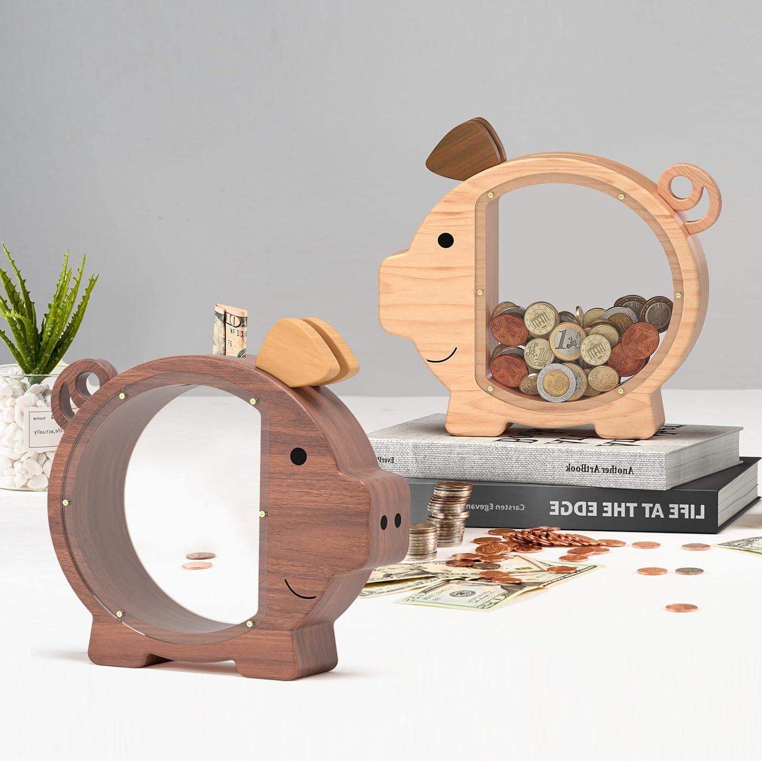 Summidate Wooden Piggy Bank for Boys, Large Unbreakable Money Bank for Kids Adults, Bills Coin Change Money Saving Money Jar Personalized Present for Birthday Christmas& Decor