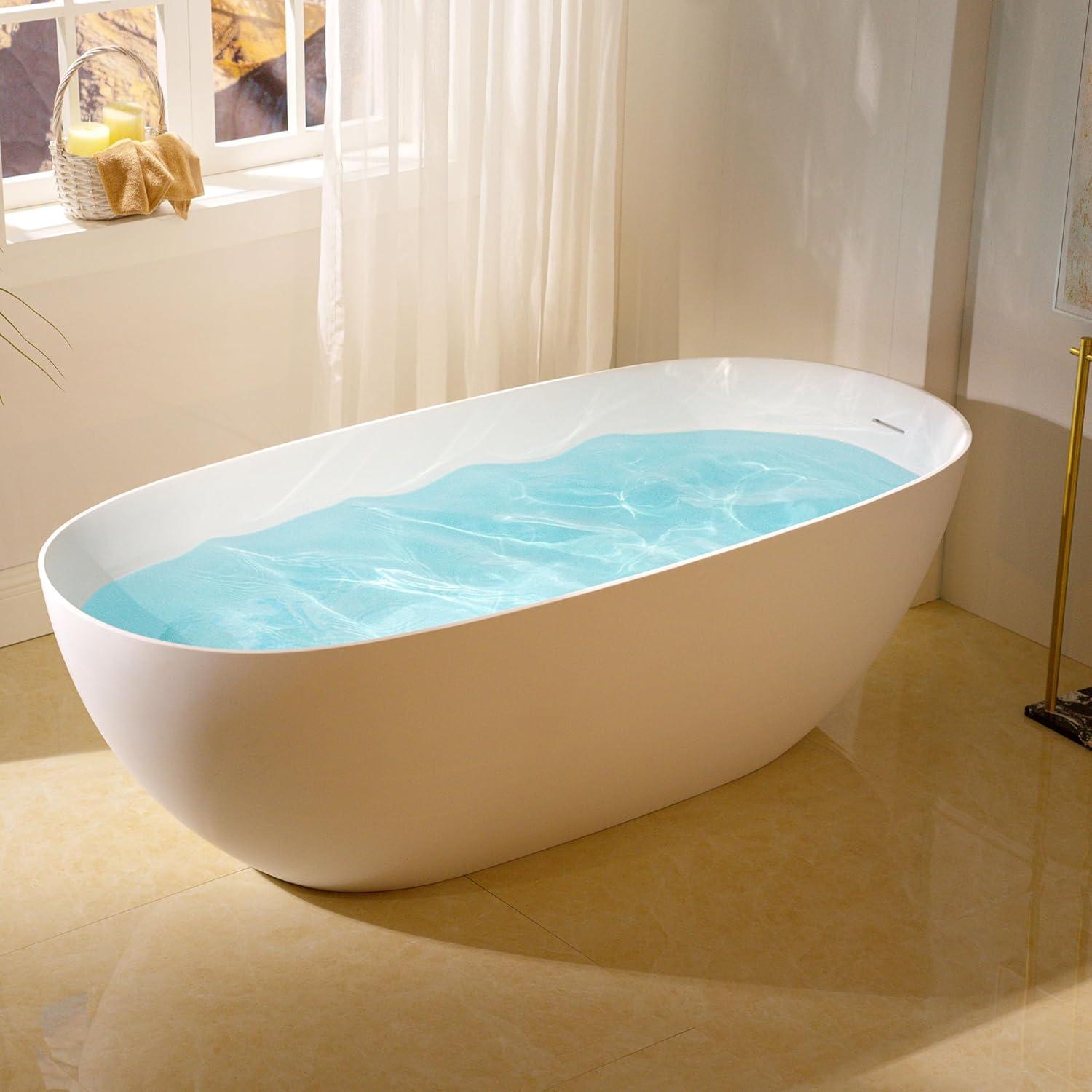 61-1/4" L X 30-3/4" W Solid Surface Stone Resin Freestanding Bathtub In Matte White, ,2 Drain Covers