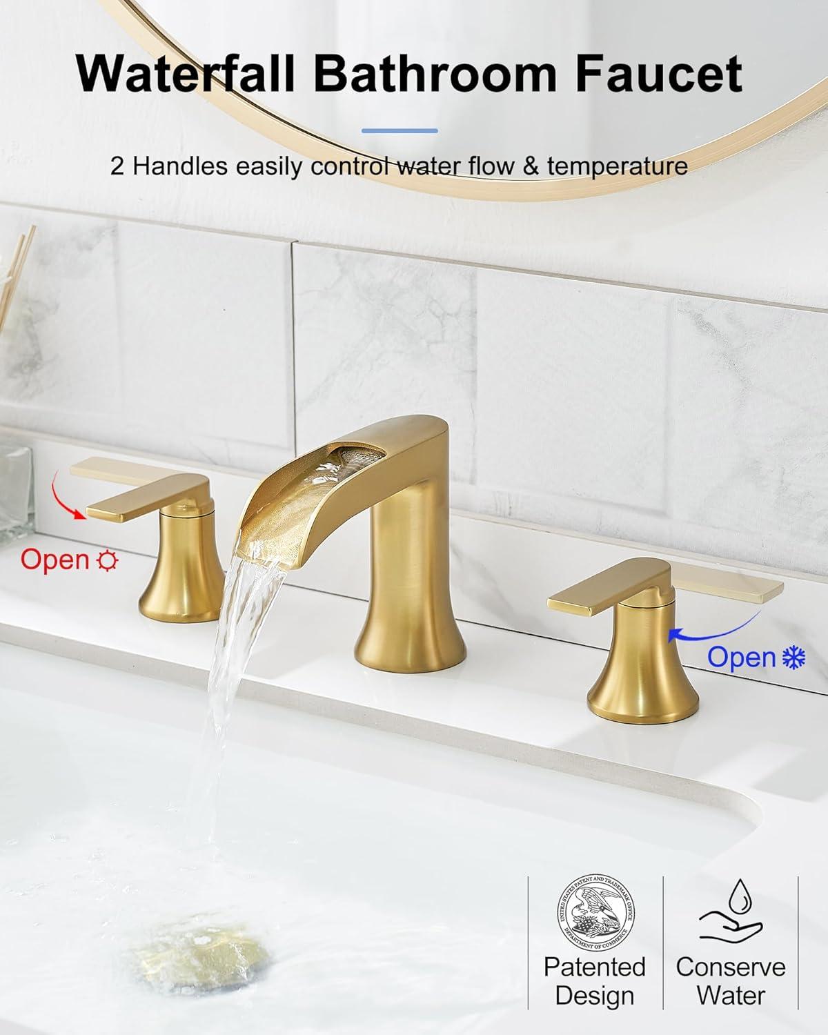 Brushed Gold Brass Double Handle Waterfall Bathroom Faucet