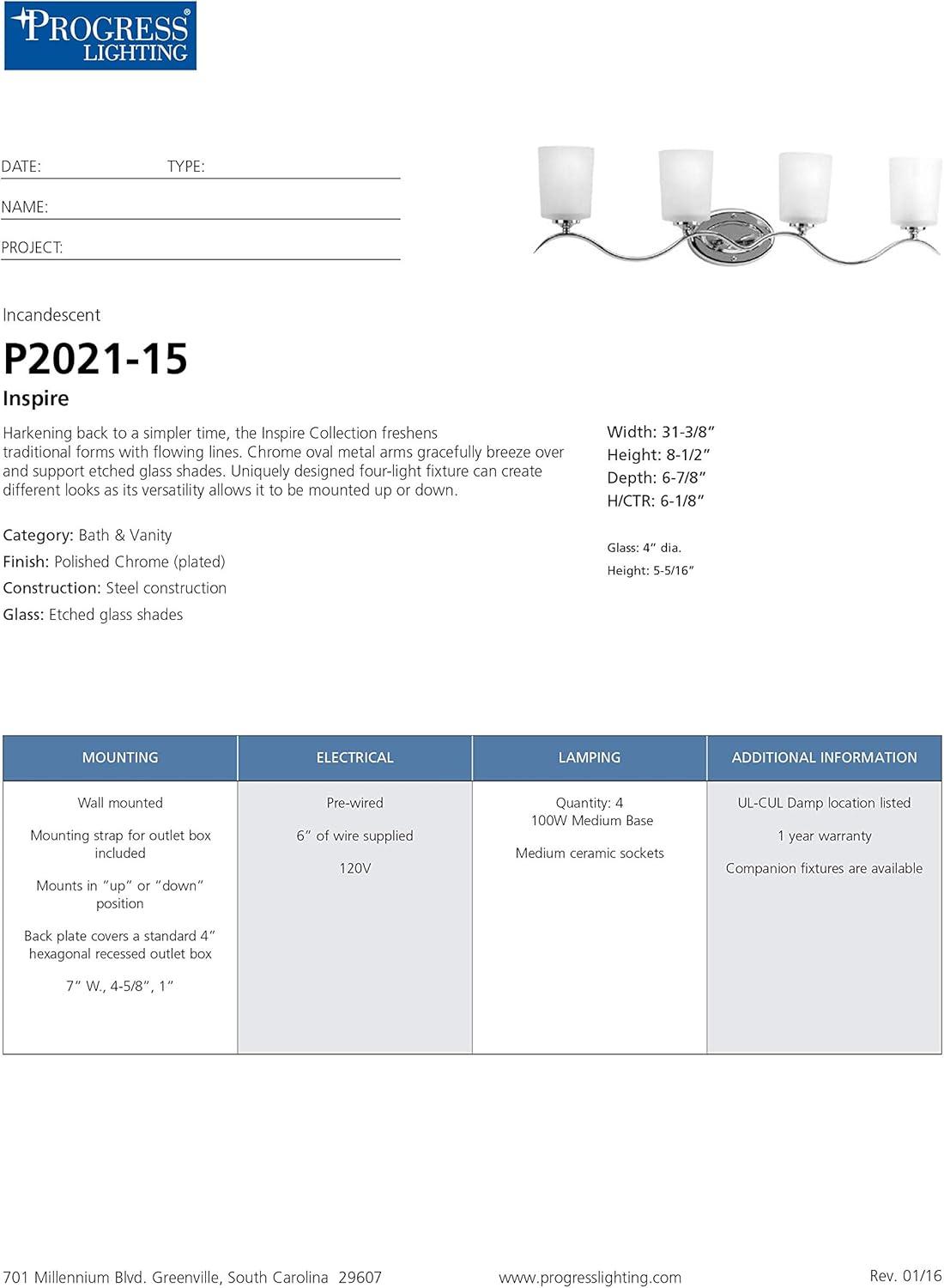 Progress Lighting Inspire 4-Light Wall Sconce, Polished Chrome, Etched Glass Shades