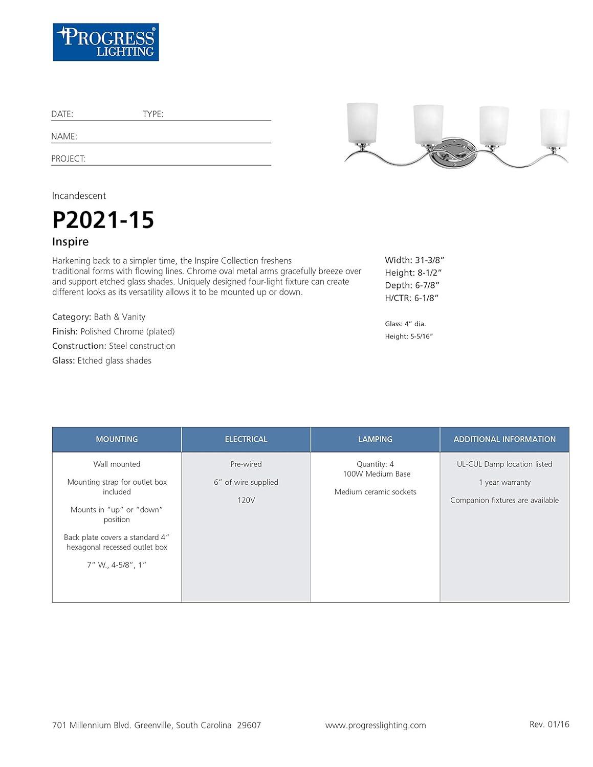 Progress Lighting Inspire 4-Light Wall Sconce, Polished Chrome, Etched Glass Shades