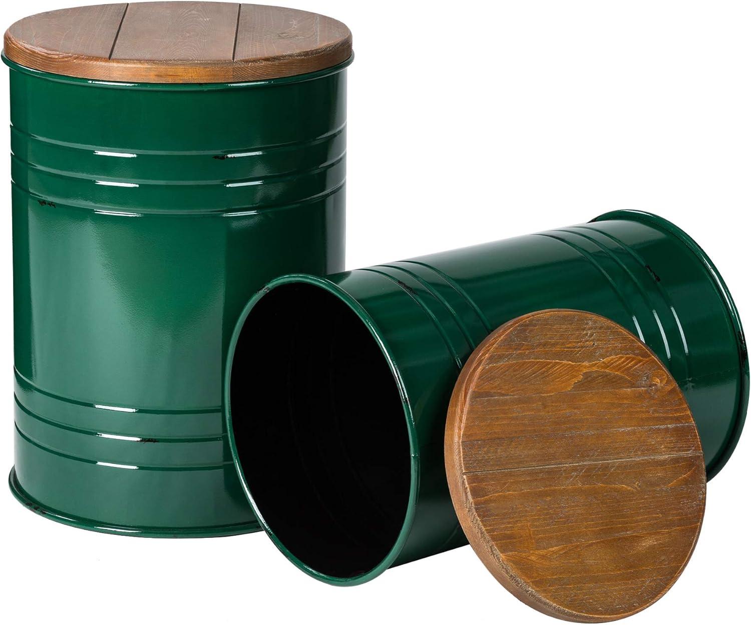 Glitzhome Rustic End Table Set of 2, Farmhouse Galvanized Metal Barrel Ottoman Storage Stool with Round Wood Lid for Living Room Furniture, Hunter Green