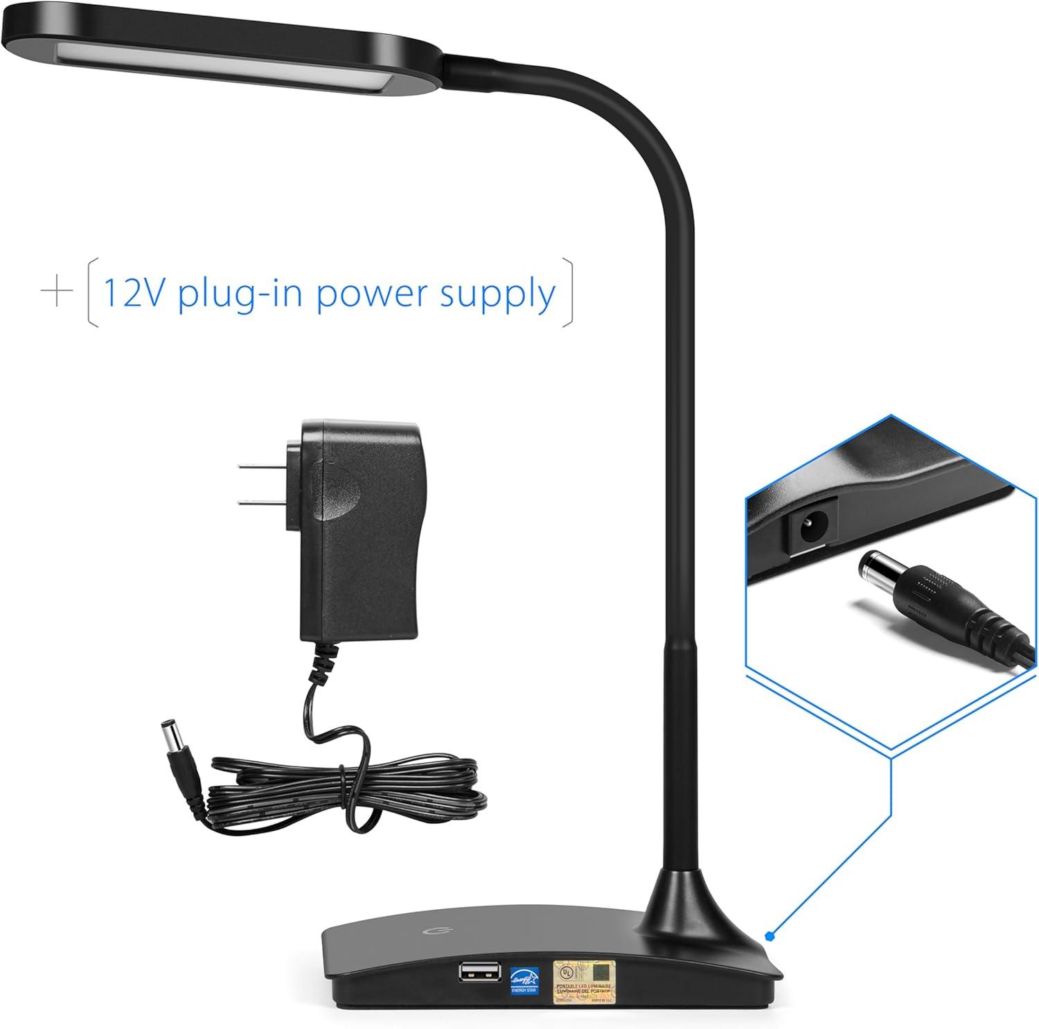 LED Desk Lamp with USB Port for Home Office - Super Bright Small Desk Lamp, a Perfect LED Desk Light as Study Lamp, Bedside Reading Lights (Black)