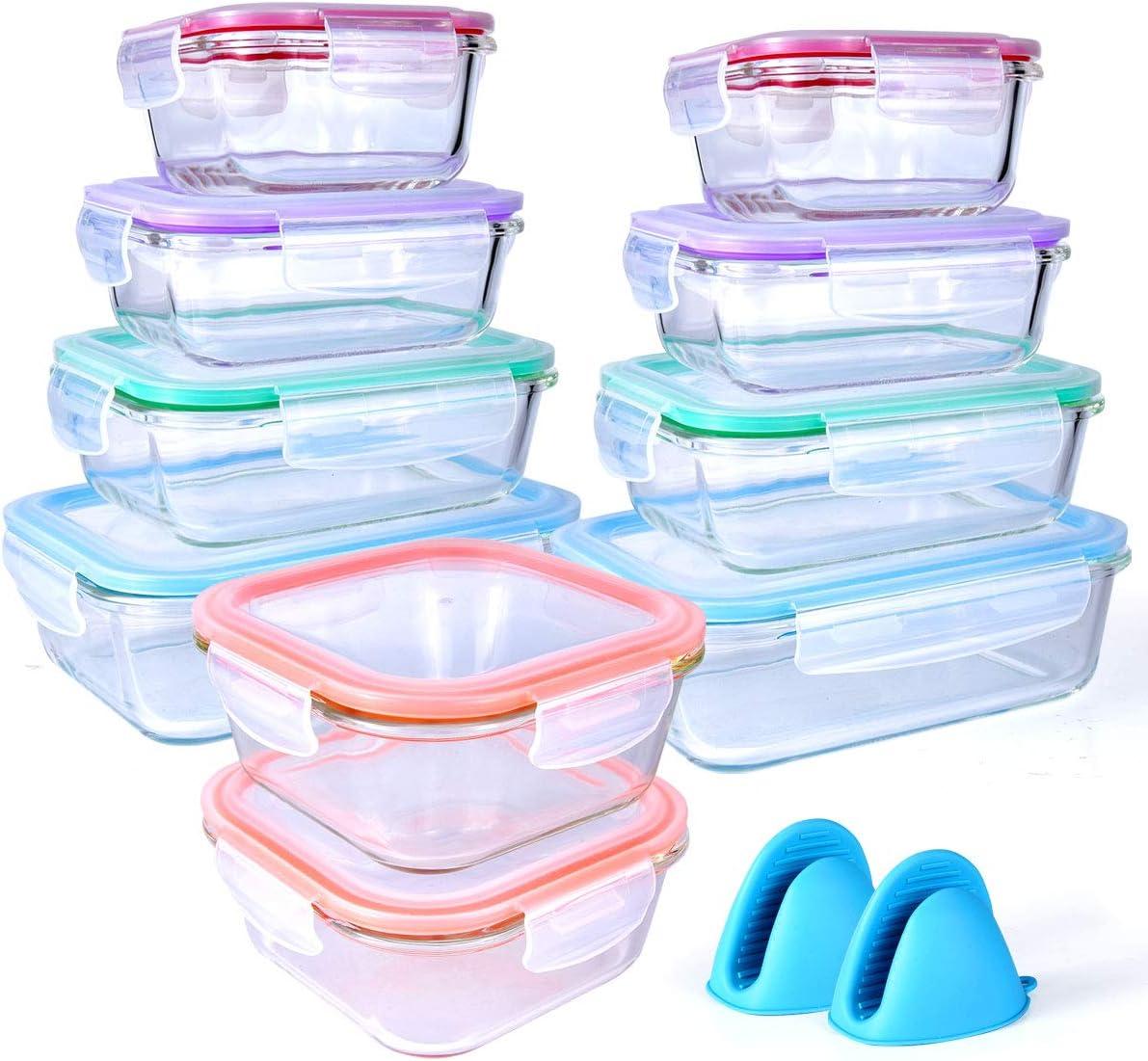 22-Piece Clear Borosilicate Glass Food Storage Set with Colorful Lids