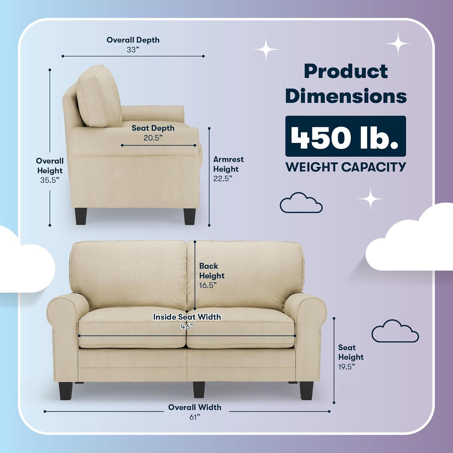 Serta Copenhagen 61" Rolled Arm Sofa, Easy Care Fabric, Soft Pillow Back, Pocket Coil Seat Cushions