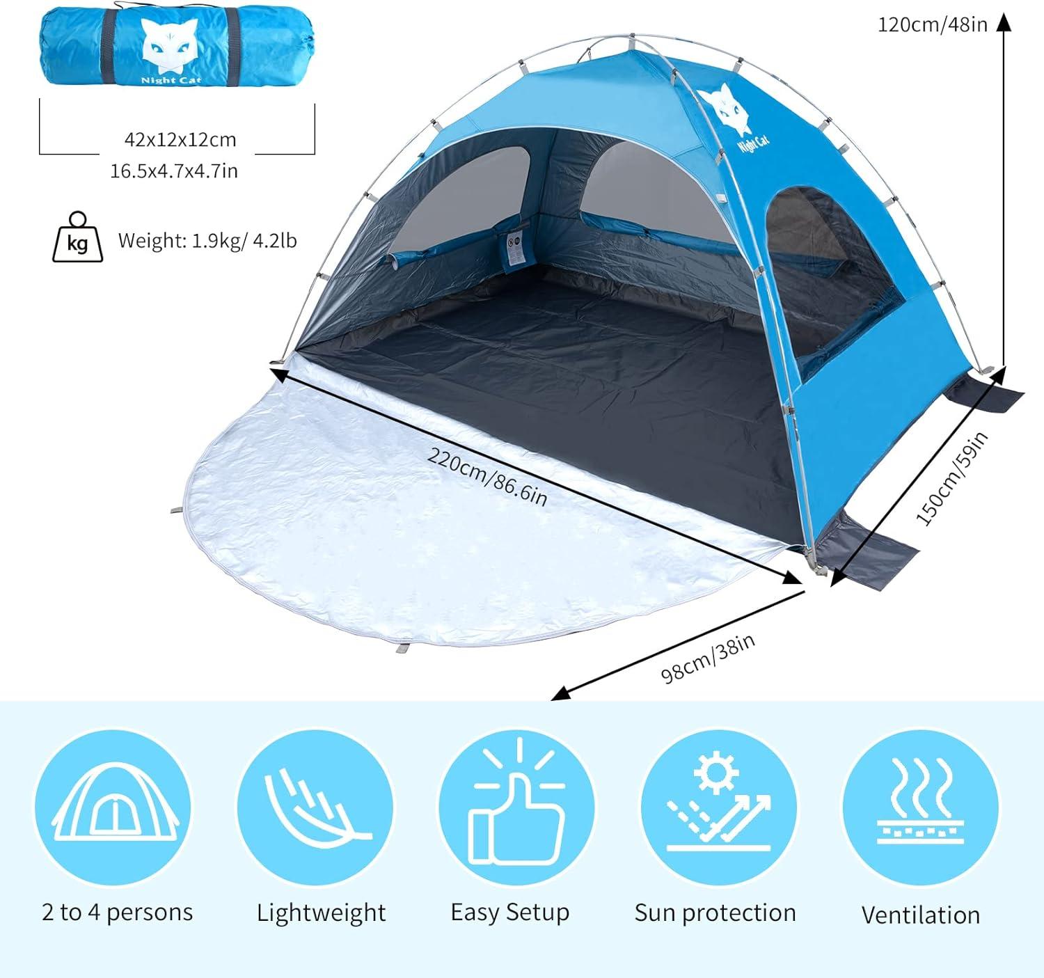 Blue 4-Person Summer Portable Beach Tent with UV Protection