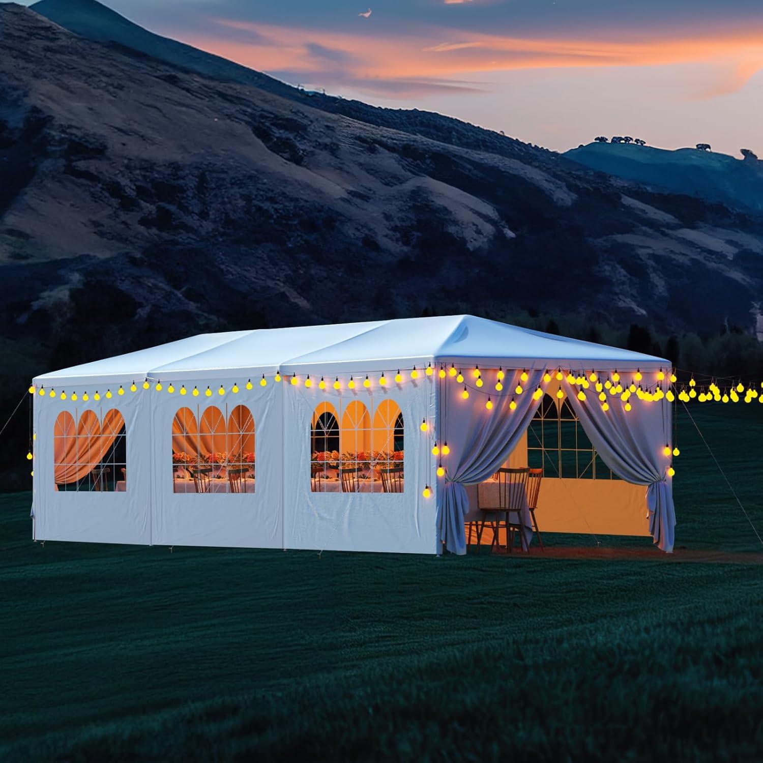 HomGarden 10x30FT Outdoor Gazebo Canopy Wedding Party Tent Shelter Pavilion W/ 8 Removable Sidewalls & Windows for Cater Events, White