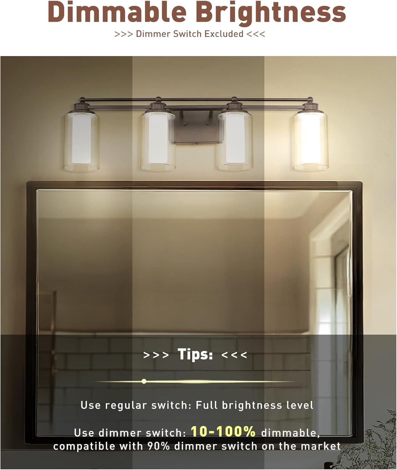 Bathroom Light Fixtures 4 Lights, HWH Oil Rubbed Bronze Bathroom Vanity Light Over Mirror with Clear Glass, 5CCT Dimmable 24W LED Vanity Lights, 5HLT63B-4W-LED ORB