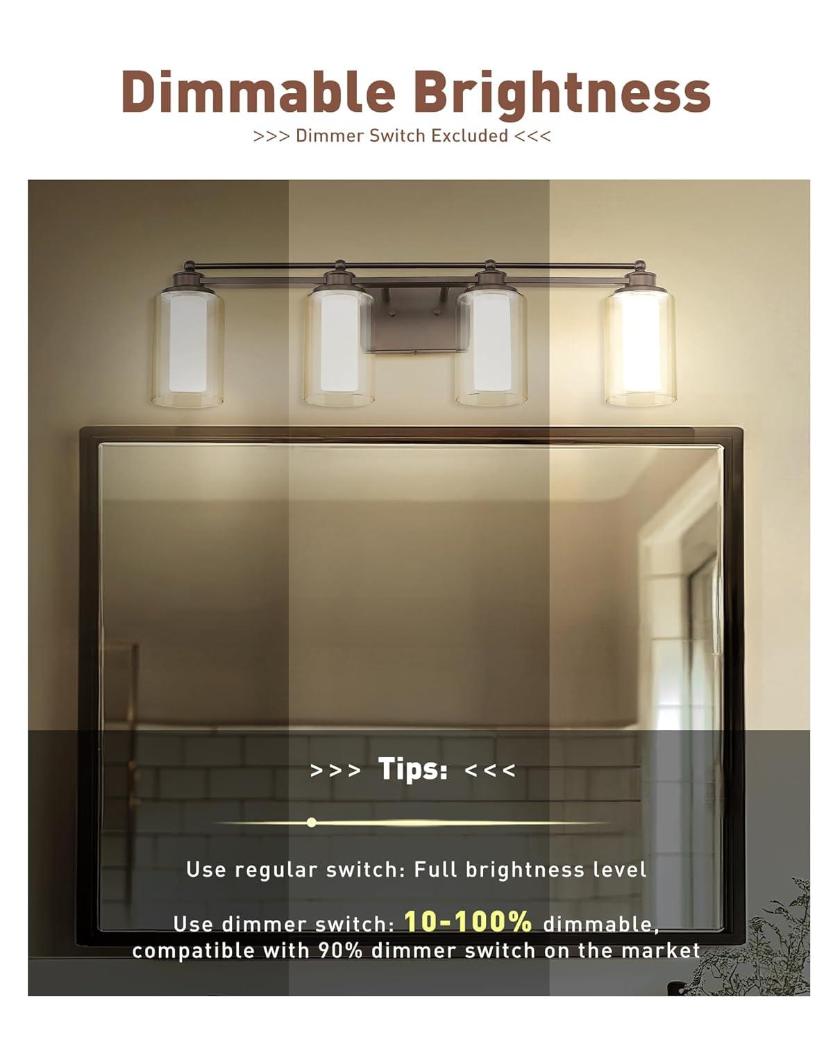 Bathroom Light Fixtures 4 Lights, HWH Oil Rubbed Bronze Bathroom Vanity Light Over Mirror with Clear Glass, 5CCT Dimmable 24W LED Vanity Lights, 5HLT63B-4W-LED ORB