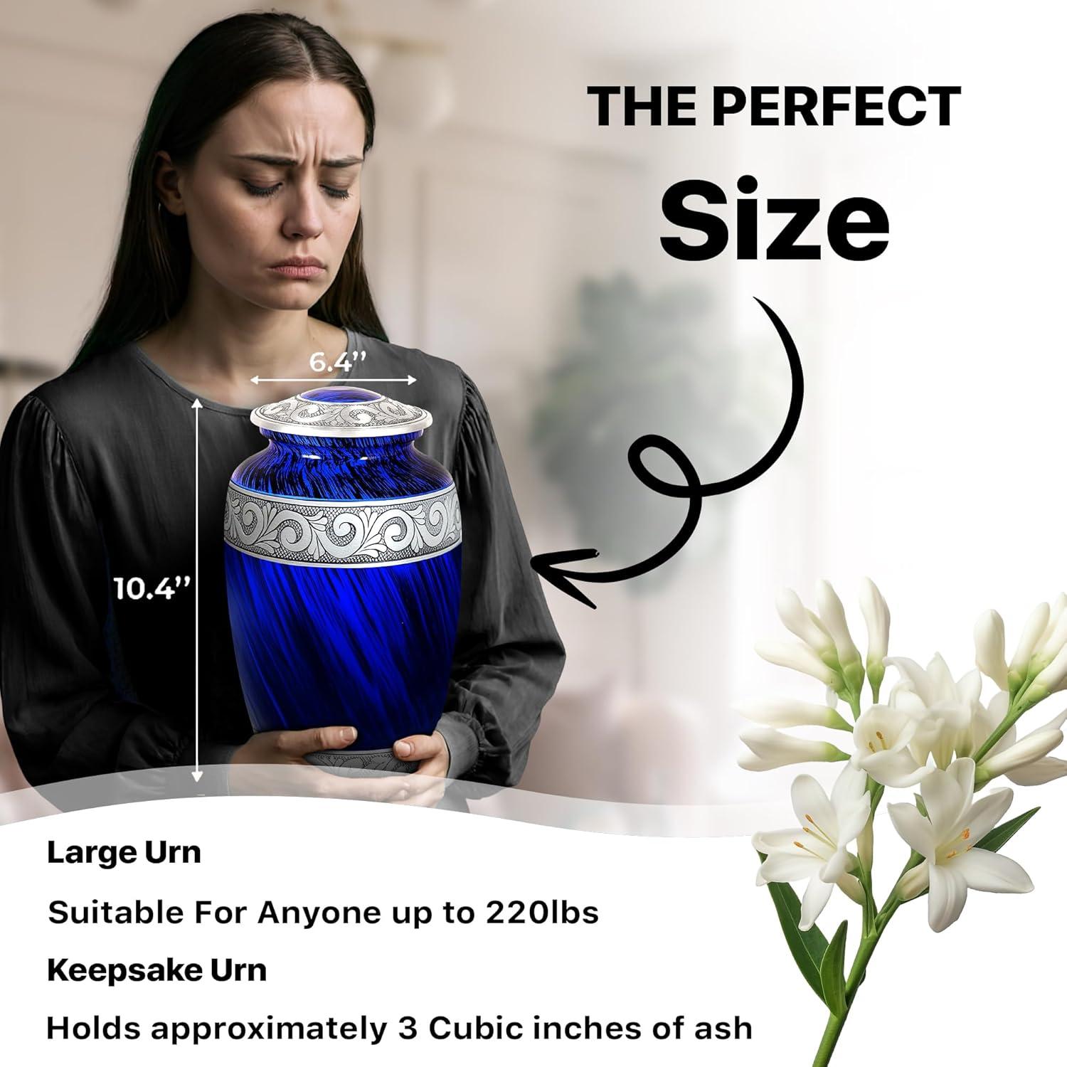 Hand-Engraved Blue Metal Urn with Necklace for Ashes