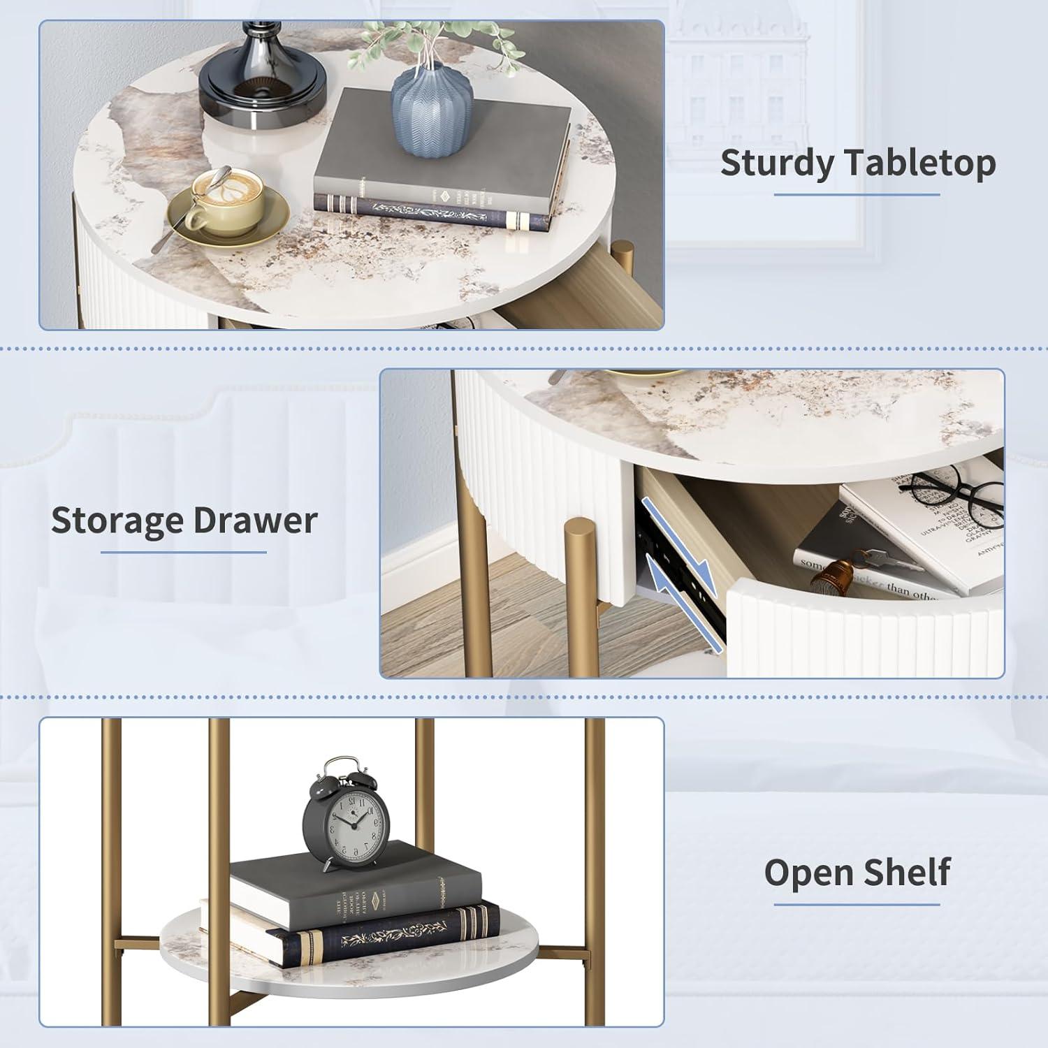 ASYA Gold End Table with Drawer, 2-Tier Nightstand Side Table with Natural Stone Top, Round Bedside Table Accent Table for Living Room Bedroom