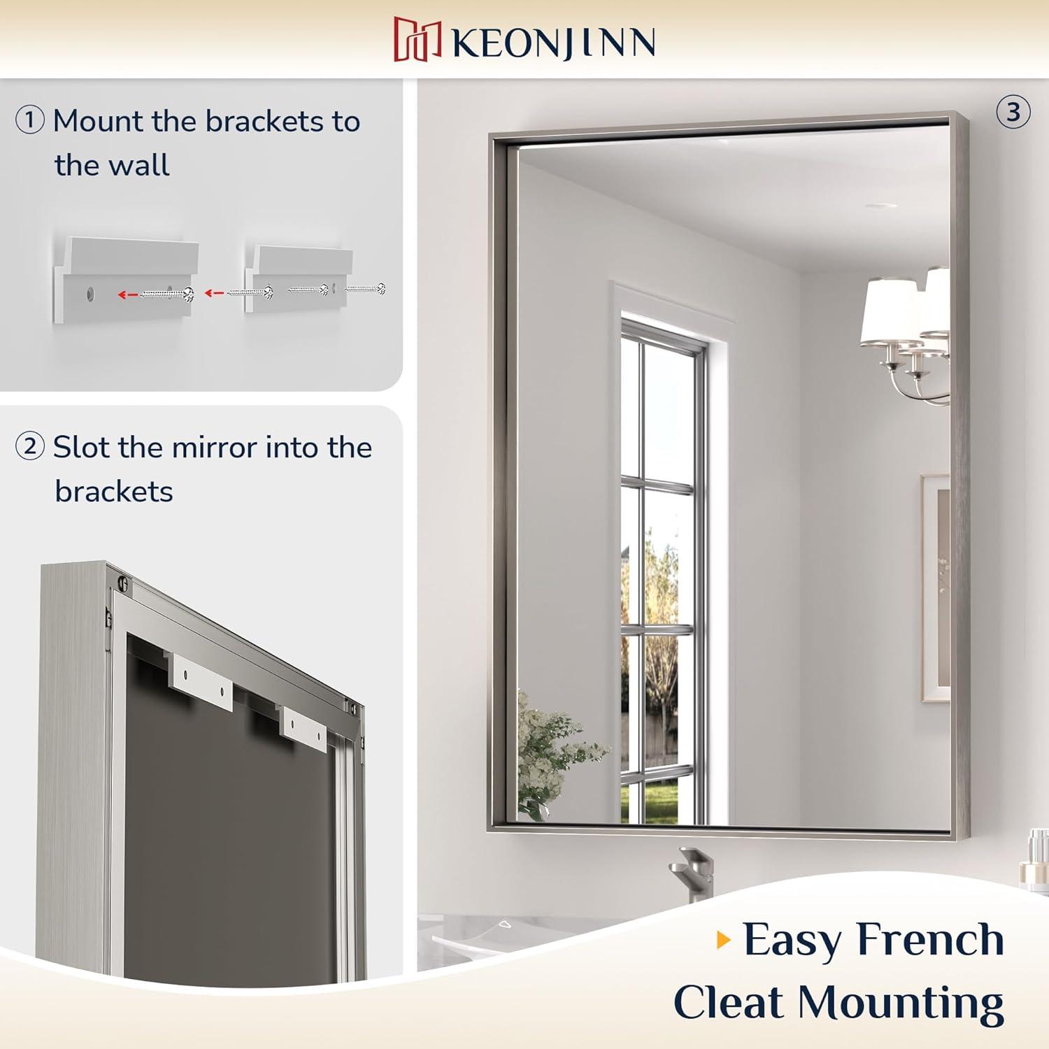 Keonjinn 24 x 32 in Brushed Nickel Bathroom Mirror for Wall, Silver Rectangular Metal Framed Vanity Mirror for Bathroom Sink Square Corner Aluminum Alloy Modern Rectangle Mirror(Horizontal/Vertical)