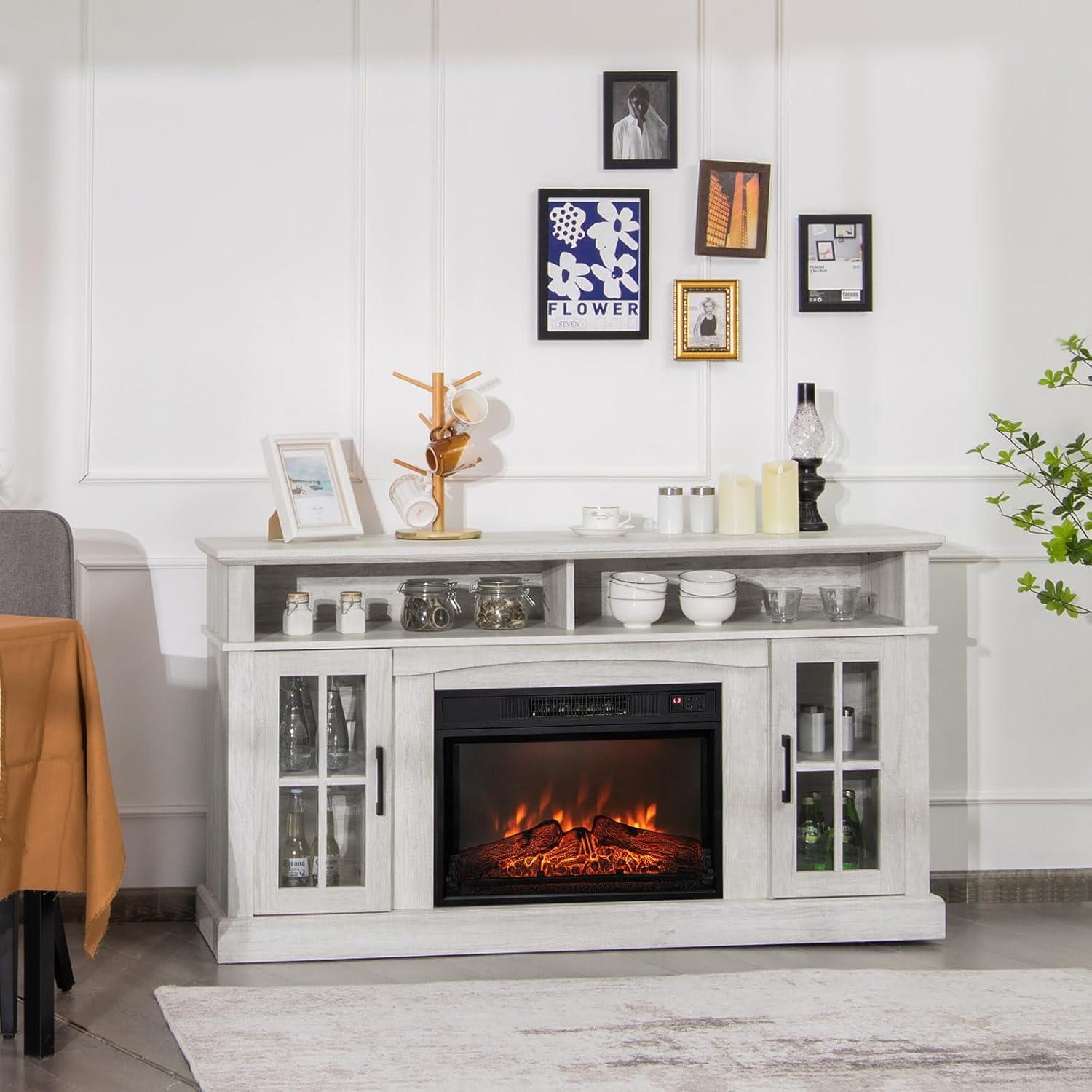 Spaco Fireplace TV Stand for TVs Up to 65 Inch with Side Cabinets and Remote Control-Gray, Mid Century Modern TV Stand for Living Room Bedroom