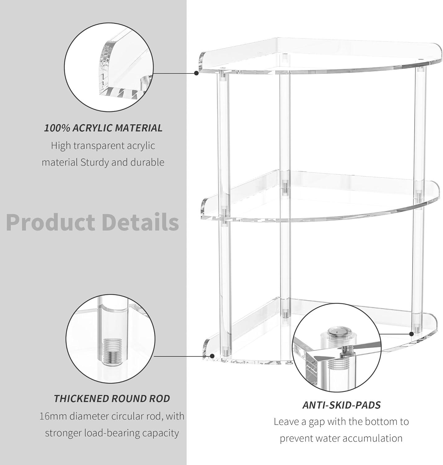 3 Tier Acrylic Corner Shelf Organizer Storage 9.5x9.5x15.7 Inch, Transparent Countertop Corner Shelf for Bathroom, Kitchen, Bedroom, Office, Study Room