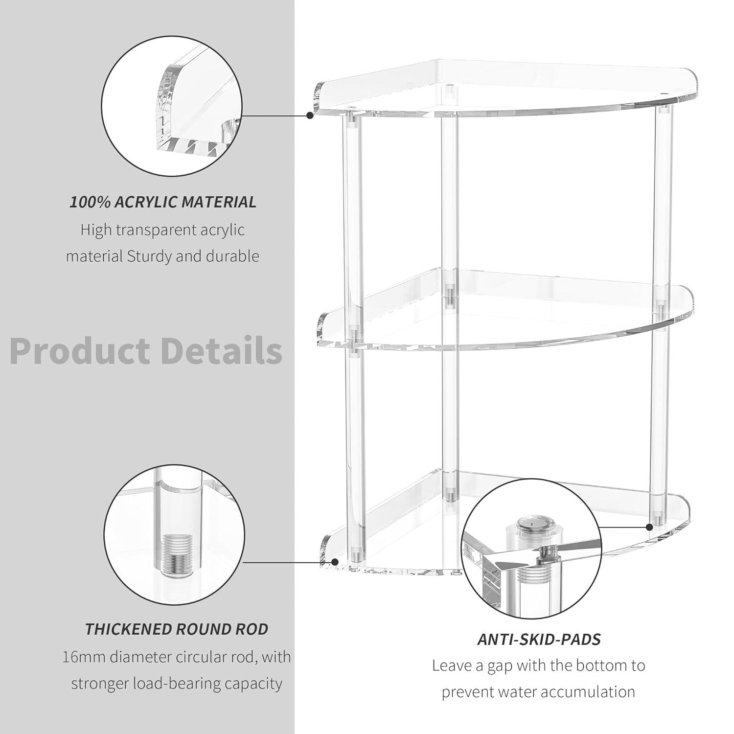 3 Tier Acrylic Corner Shelf Organizer Storage 9.5x9.5x15.7 Inch, Transparent Countertop Corner Shelf for Bathroom, Kitchen, Bedroom, Office, Study Room