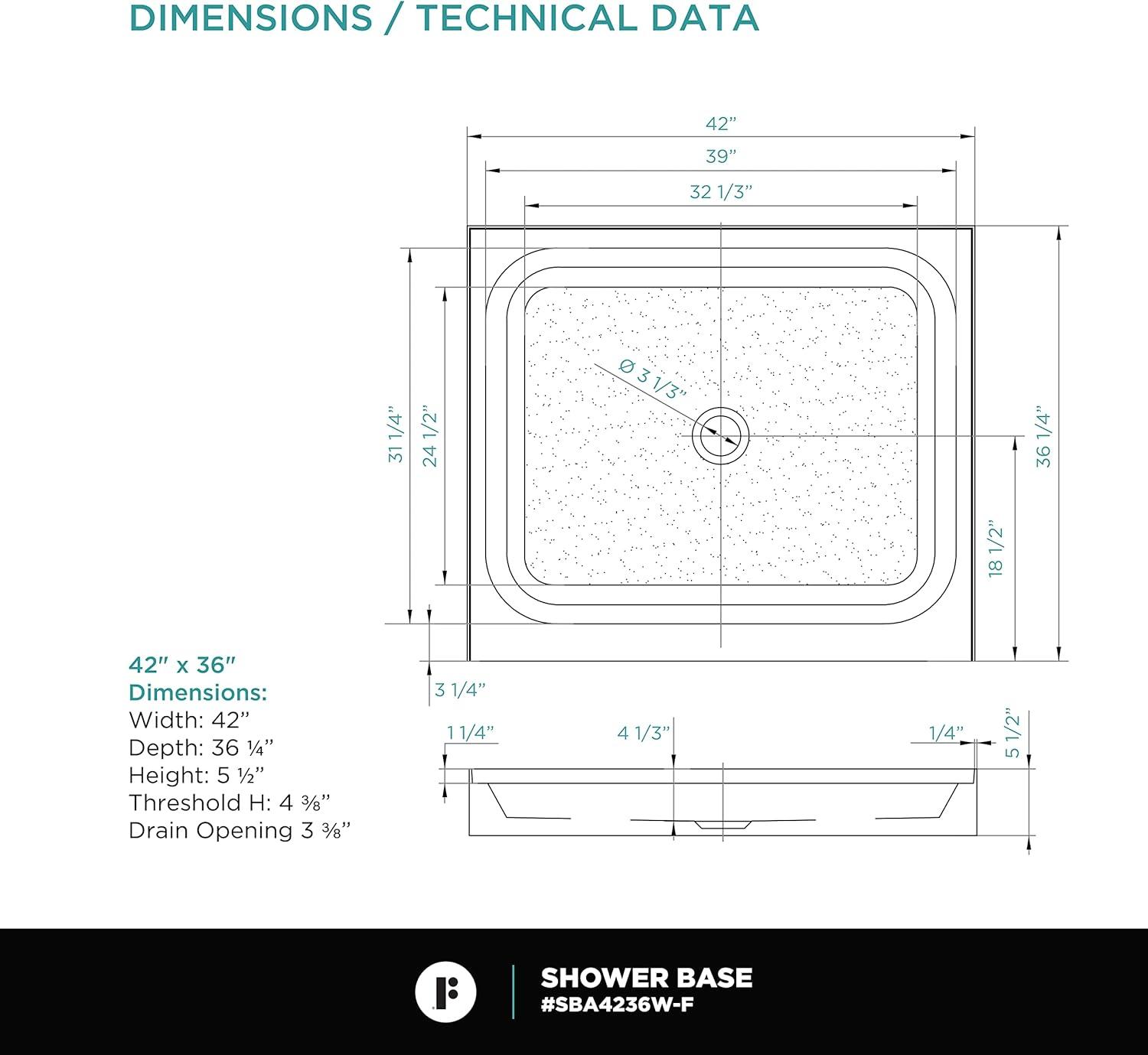 42" W x 36" D Single Shower Base