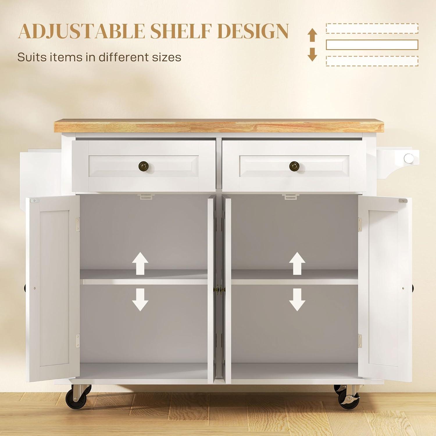 HOMCOM Kitchen Island on Wheels, Rolling Cart with Rubber Wood Top, Spice Rack, Towel Rack & Drawers for Dining Room, White