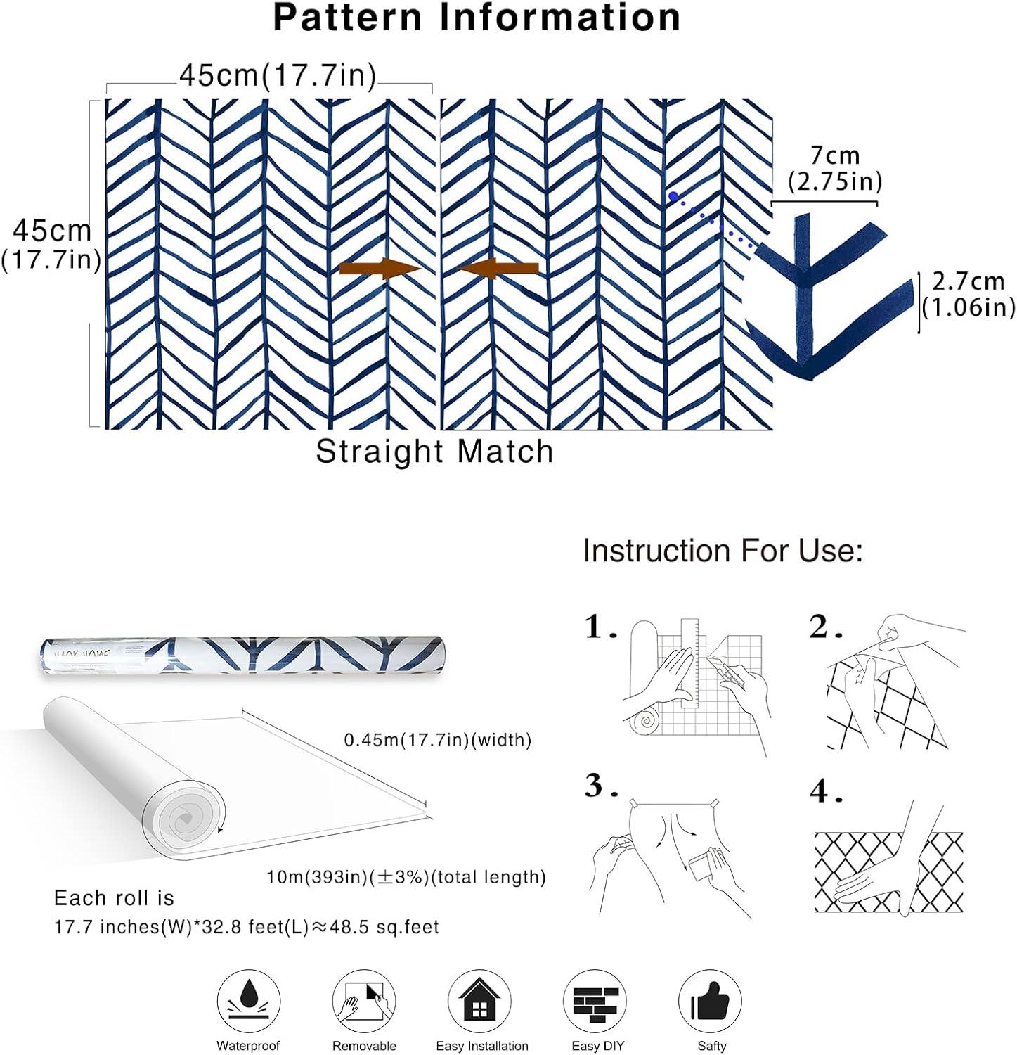 HAOKHOME Blue Wallpaper Navy Peel and Stick Wall Paper Modern Stripe for Bathroom Herringbone Removable Decoration 17.7in x 32.8ft