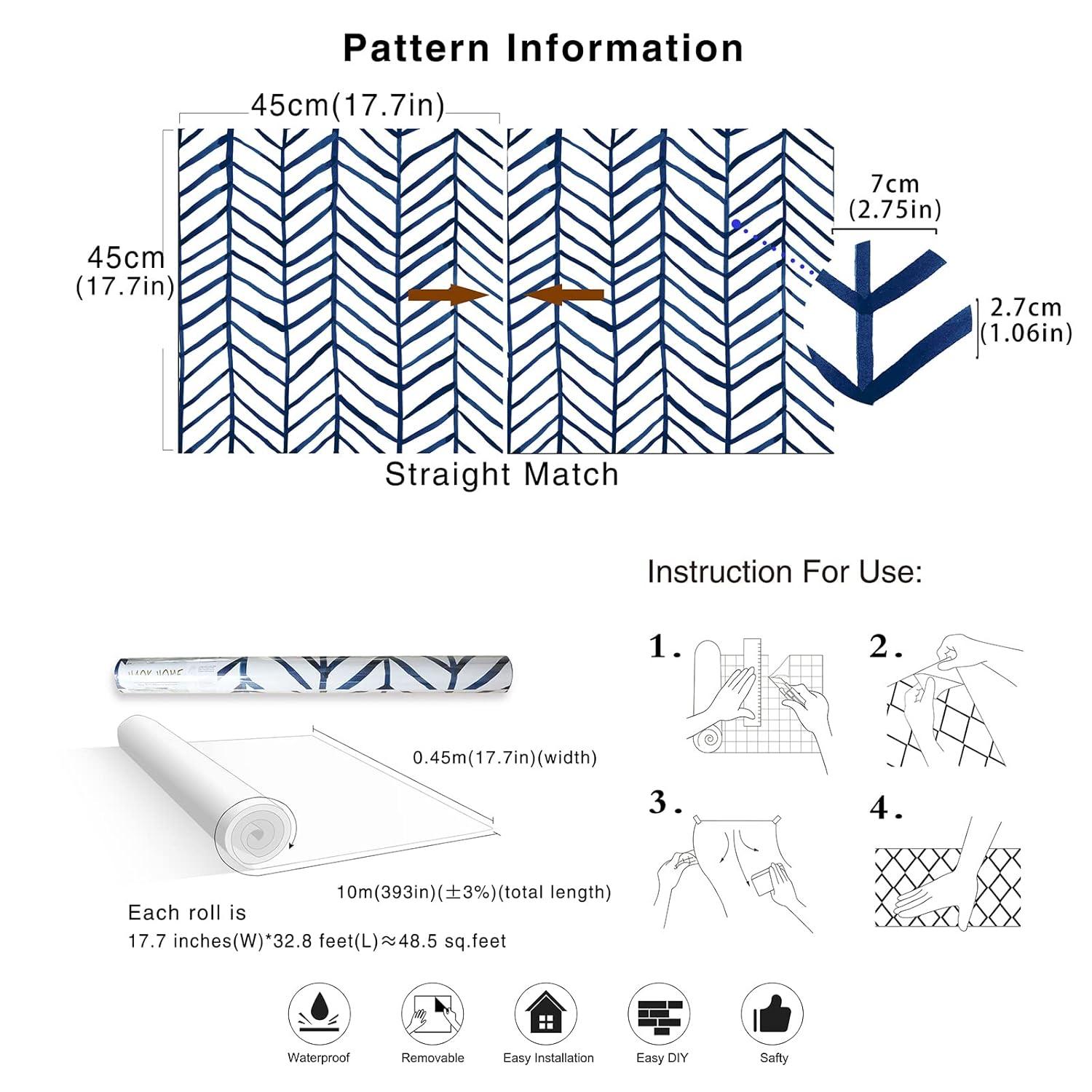 HAOKHOME Blue Wallpaper Navy Peel and Stick Wall Paper Modern Stripe for Bathroom Herringbone Removable Decoration 17.7in x 32.8ft