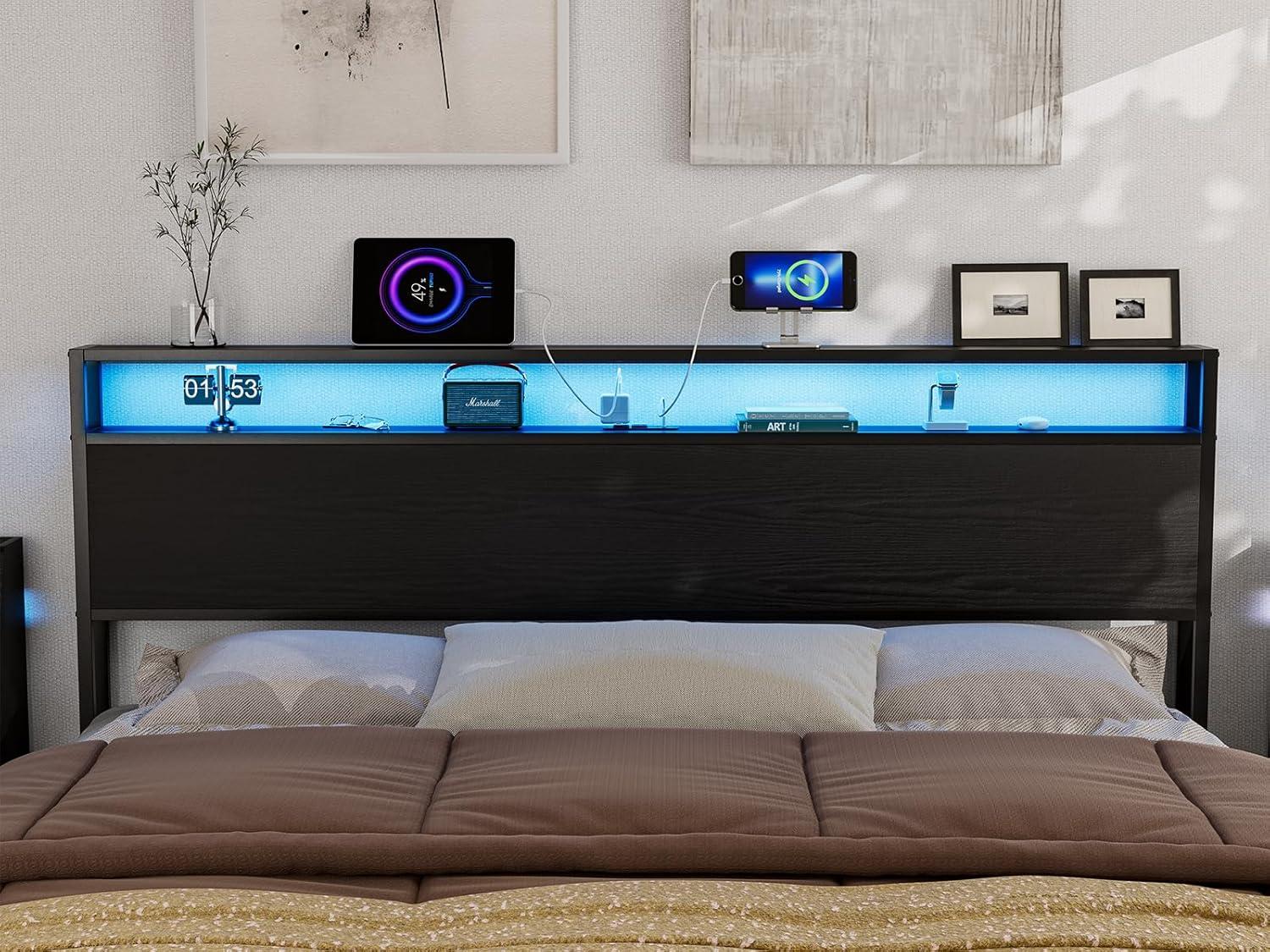 Ivy Bronx Kaiwei Storage Headboard With Led Lights & Charging Station - Industrial Metal And Wood