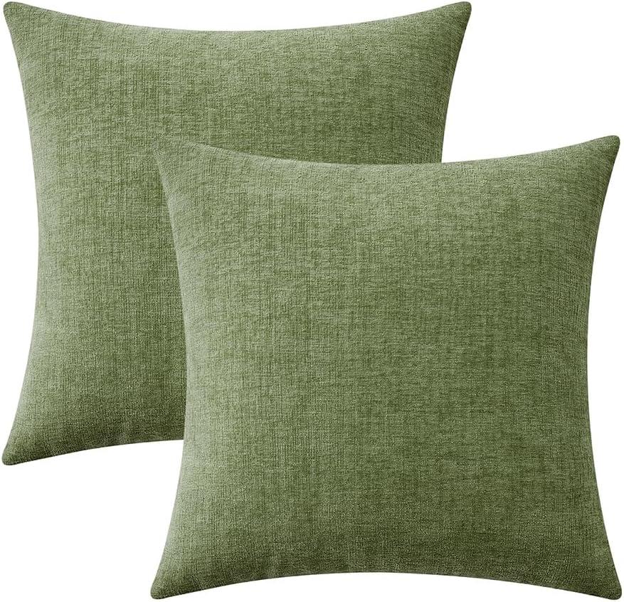 Xukmct 2 Pack Linen Square Pillow Cover with Zipper, Solid Color Decorative Cushion Case for Couch Patio Sofa, 18 x 18 inch, Green