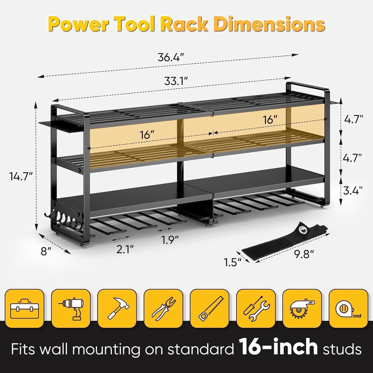 Heavy Duty Black Steel Wall Mount Power Tool Organizer with 8 Drill Holders